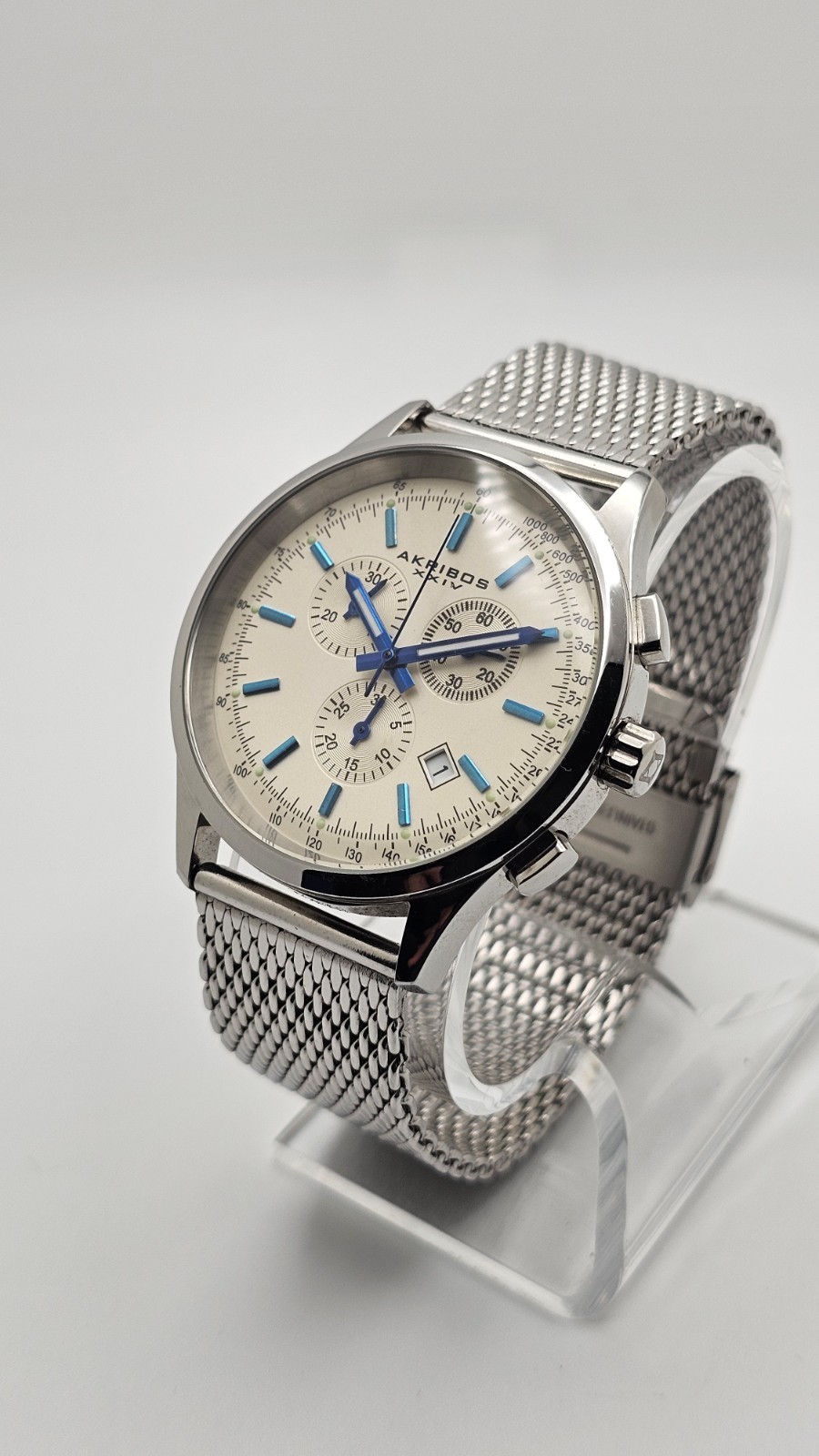 Akribos XXIV AK625SS Chronograph Watch Silver Tone Mesh Bracelet Blue Hands Date