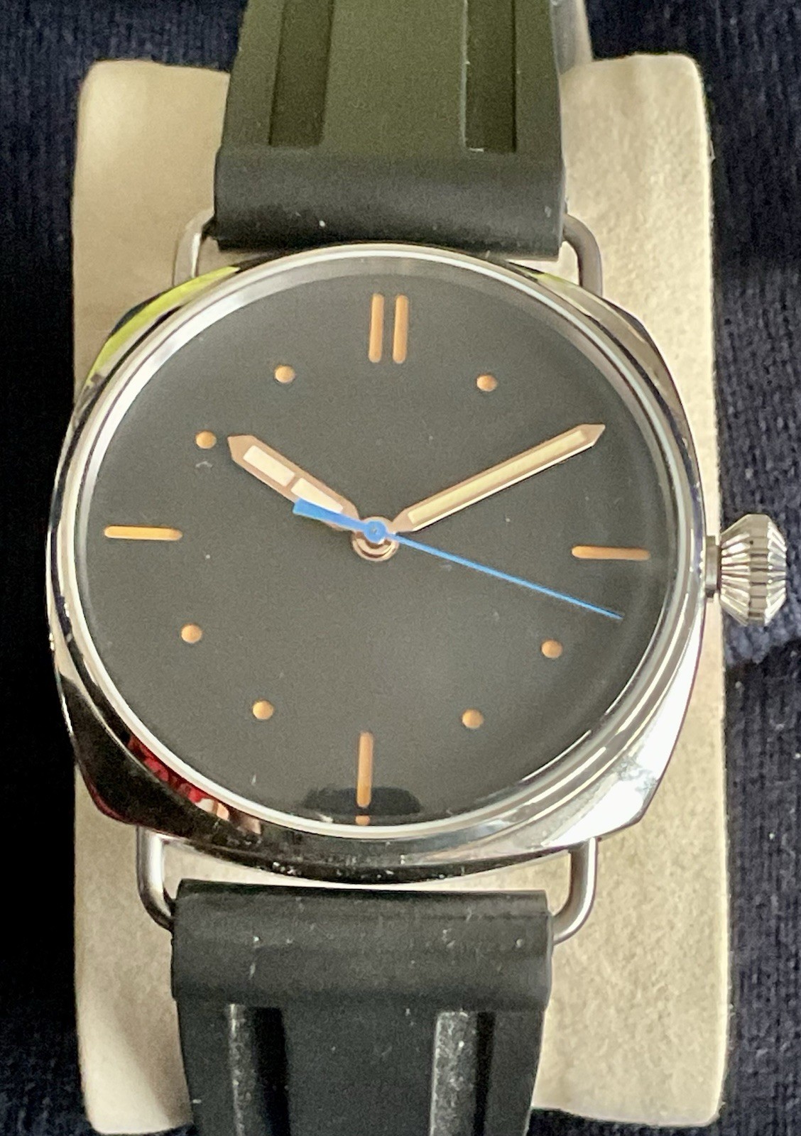 Rare 24 Jewel Black Automatic Parnis Dotted Dial Watch Blue Seconds Hand EUC