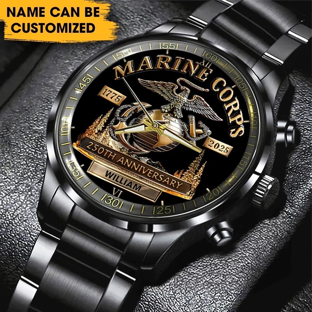 New Personalized US Marine Corps 250th Black Stainless Steel Watch MM333