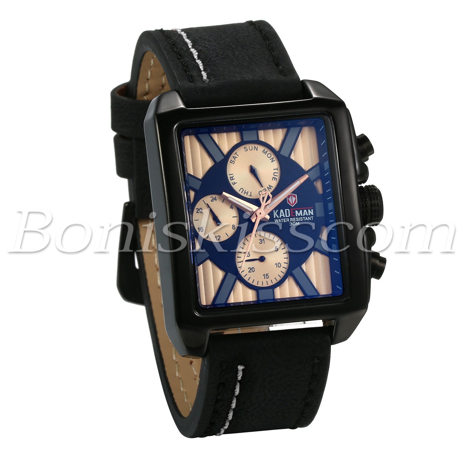 Mens Fashion Sport Leather Band Square Dial Date Week Display Quartz Wrist Watch