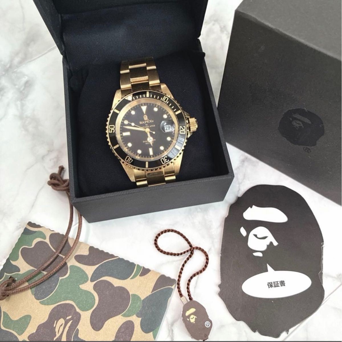 A Bathing Ape BAPEX Type 1 Submariner Automatic Watch Gold Black Box Tags Mint
