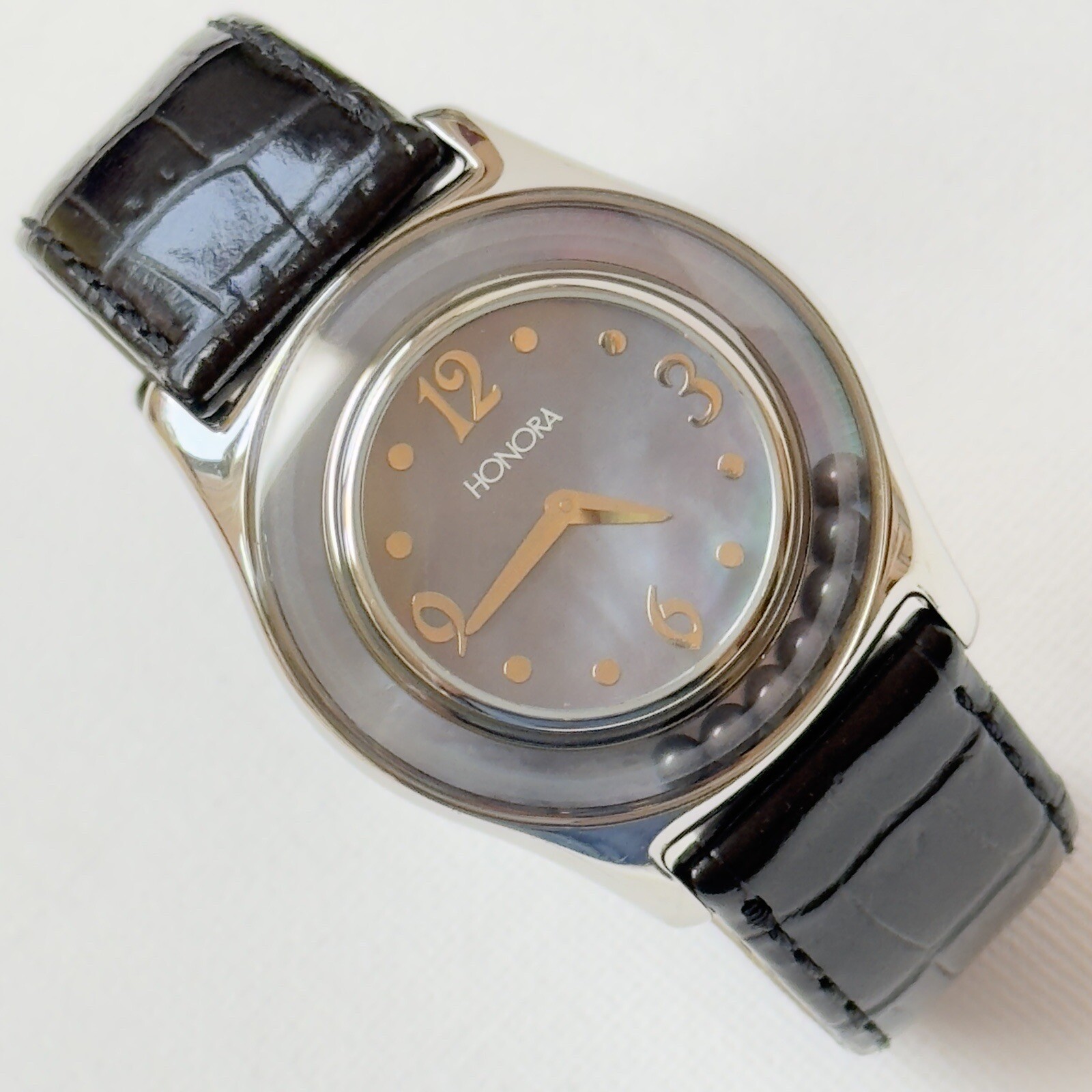 Honors Gray Mother Of Pearl Floating Pearls Women’s Watch Silver Black Leather