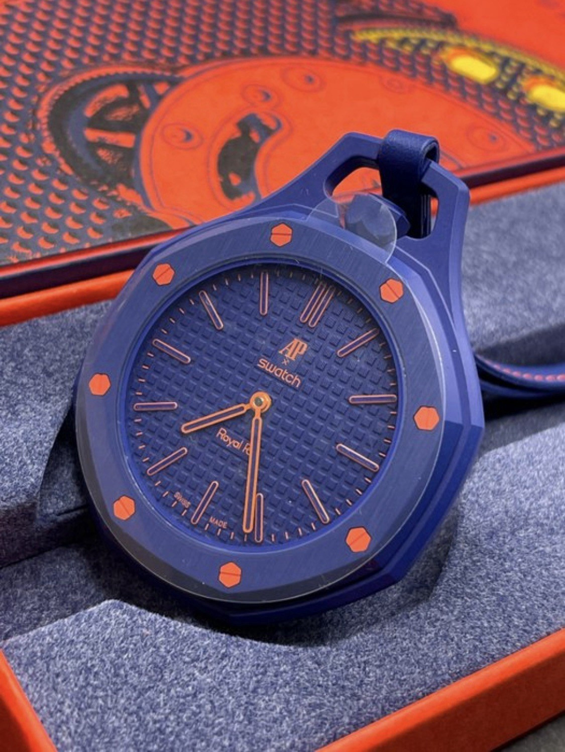 Swatch Royal Pop Quartz Blue Dial Analog Rubber Strap Blue/Orange Bezel w/ Box