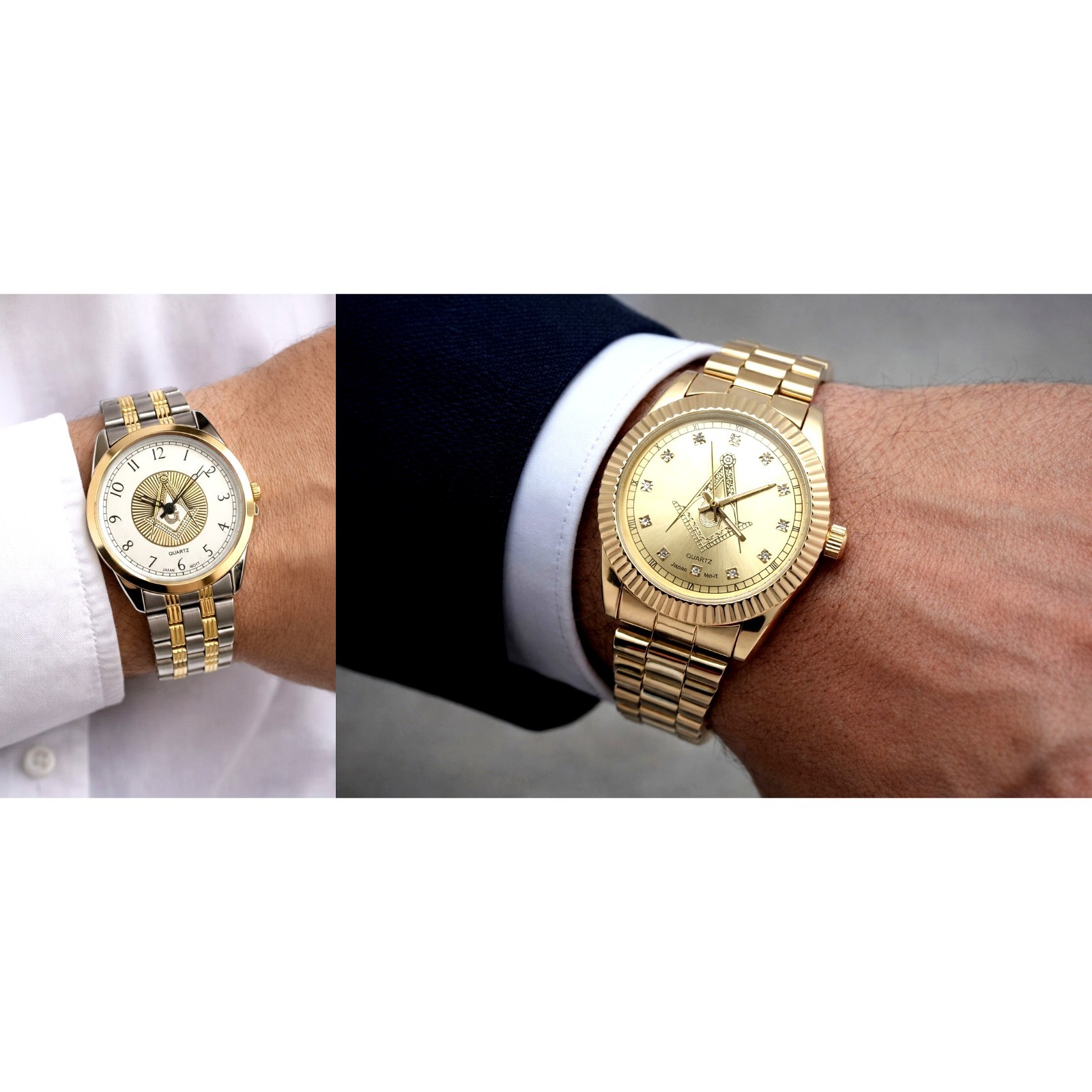 2 Pc Masonic Men’s Watch Set Gold & Two Tone Freemason Quartz Wrist Watches