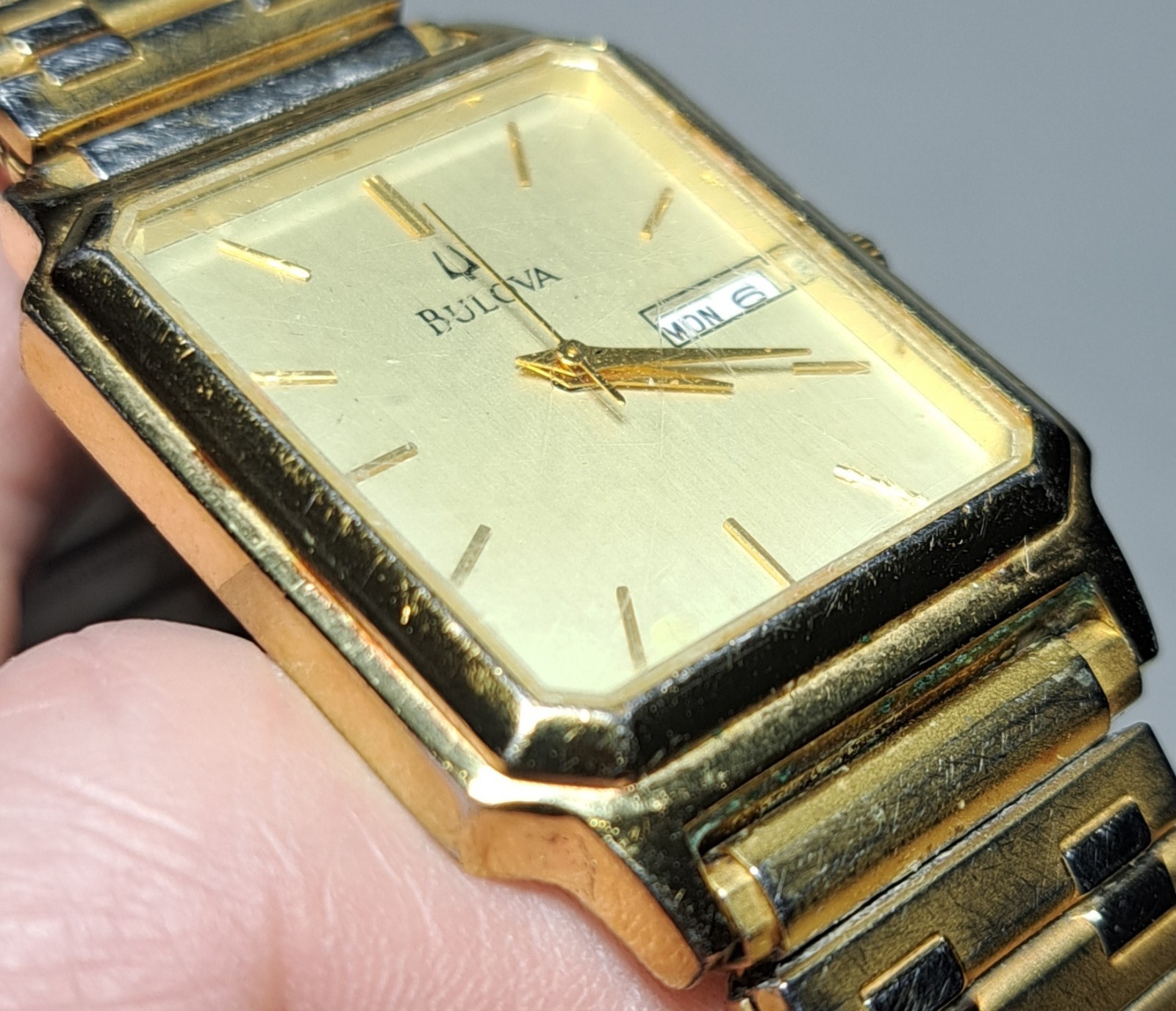Bulova Tank Watch Men 30mm Champagne Dial Gold Tone Rectangle Hadley Roma PARTS