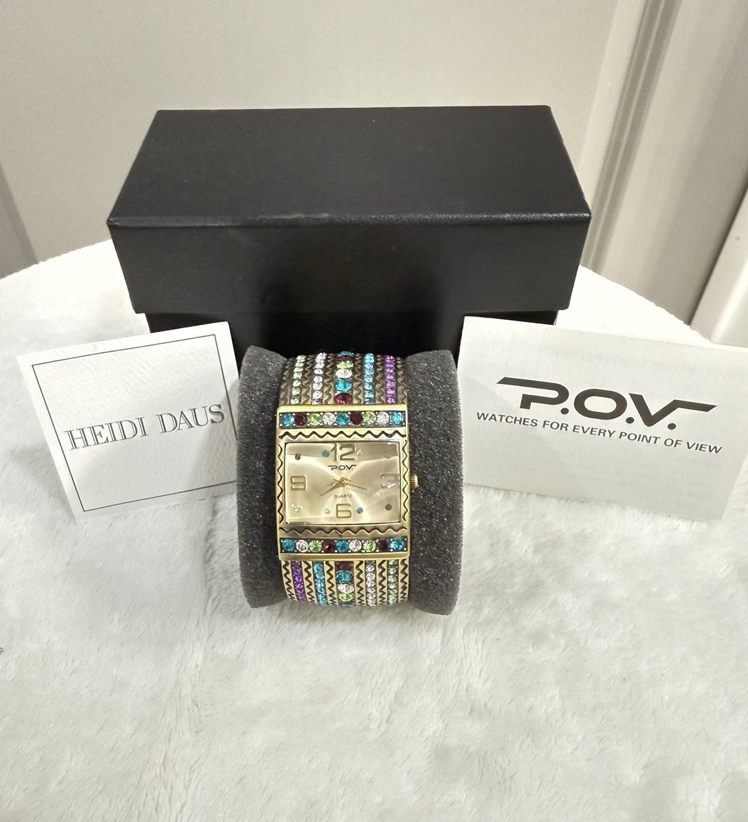 Heidi Daus Multi Color Swarovski Cuff Wristwatch Needs Battery W/PLASTIC! NIB
