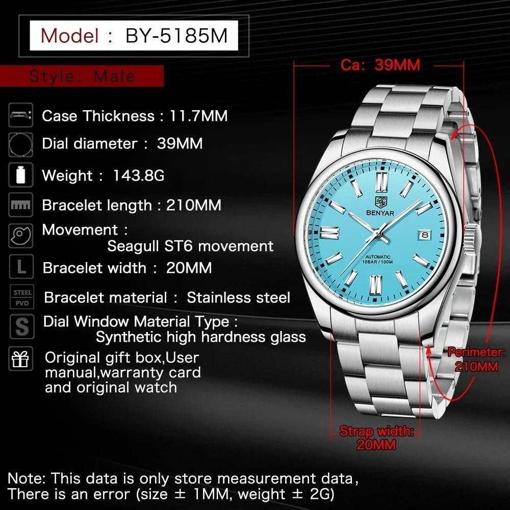 39MM BENYAR Luxury Automatic Diver Watch Men Stainless Waterproof Luminous NEW