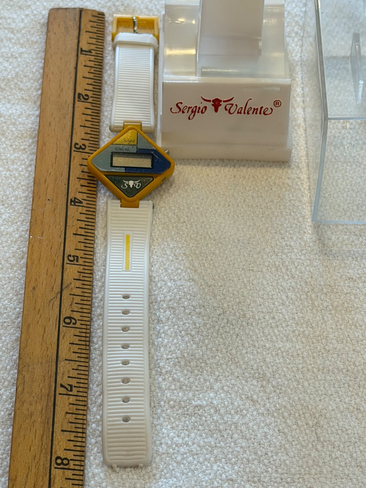 Vtg Novelty Sergio Valente Watch Space Tech White Yellow Watchband in Case