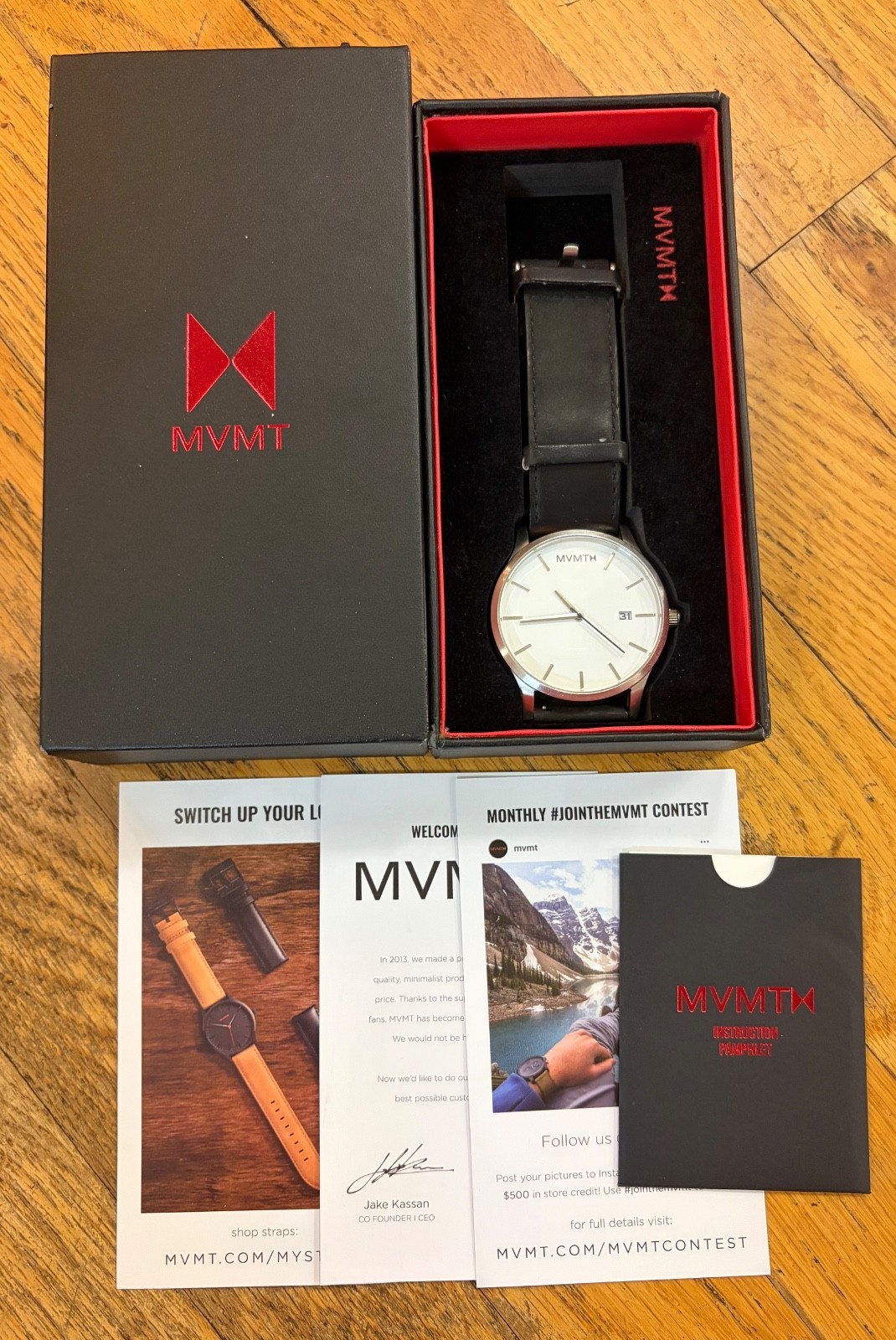 MVMT Stainless Steel White Dial Black Leather Strap Watch Quartz Date NEW IN BOX