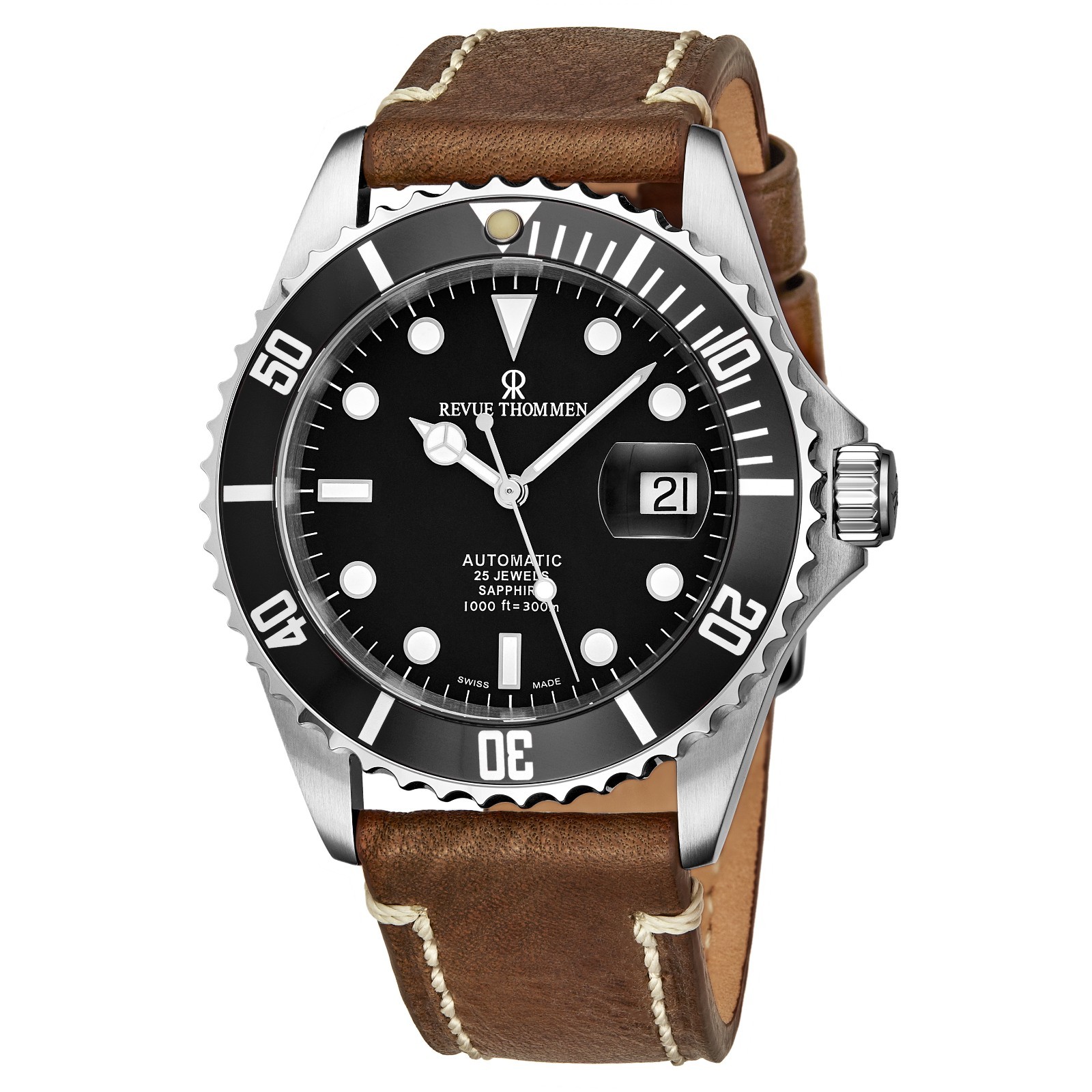 Revue Thommen Diver Auto Black Dial Brown Suede Leather Swiss 17571.2537