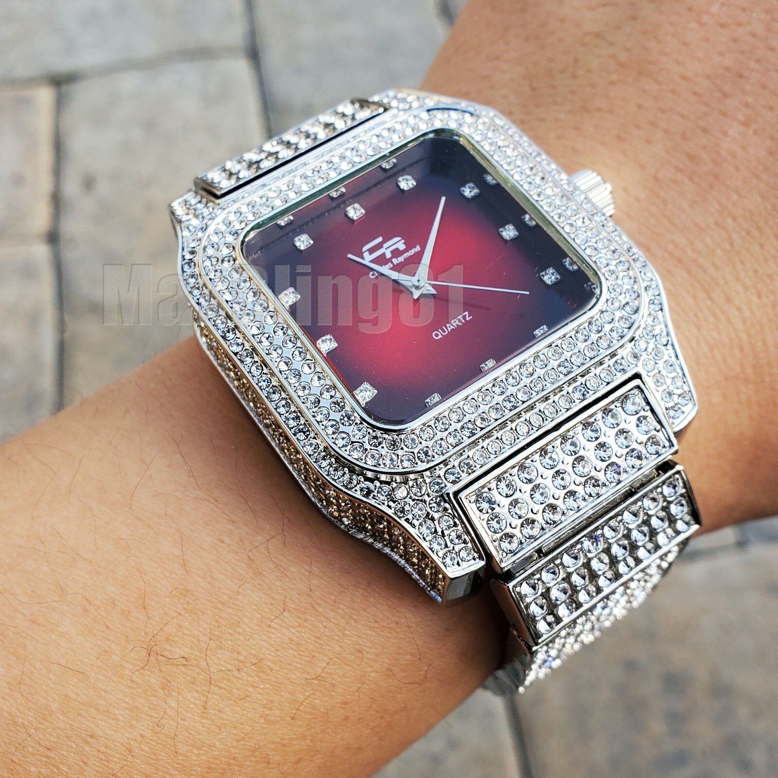 Luxury Iced White Gold Plated Blue Green Red Dial Square Lab Diamond Metal Watch