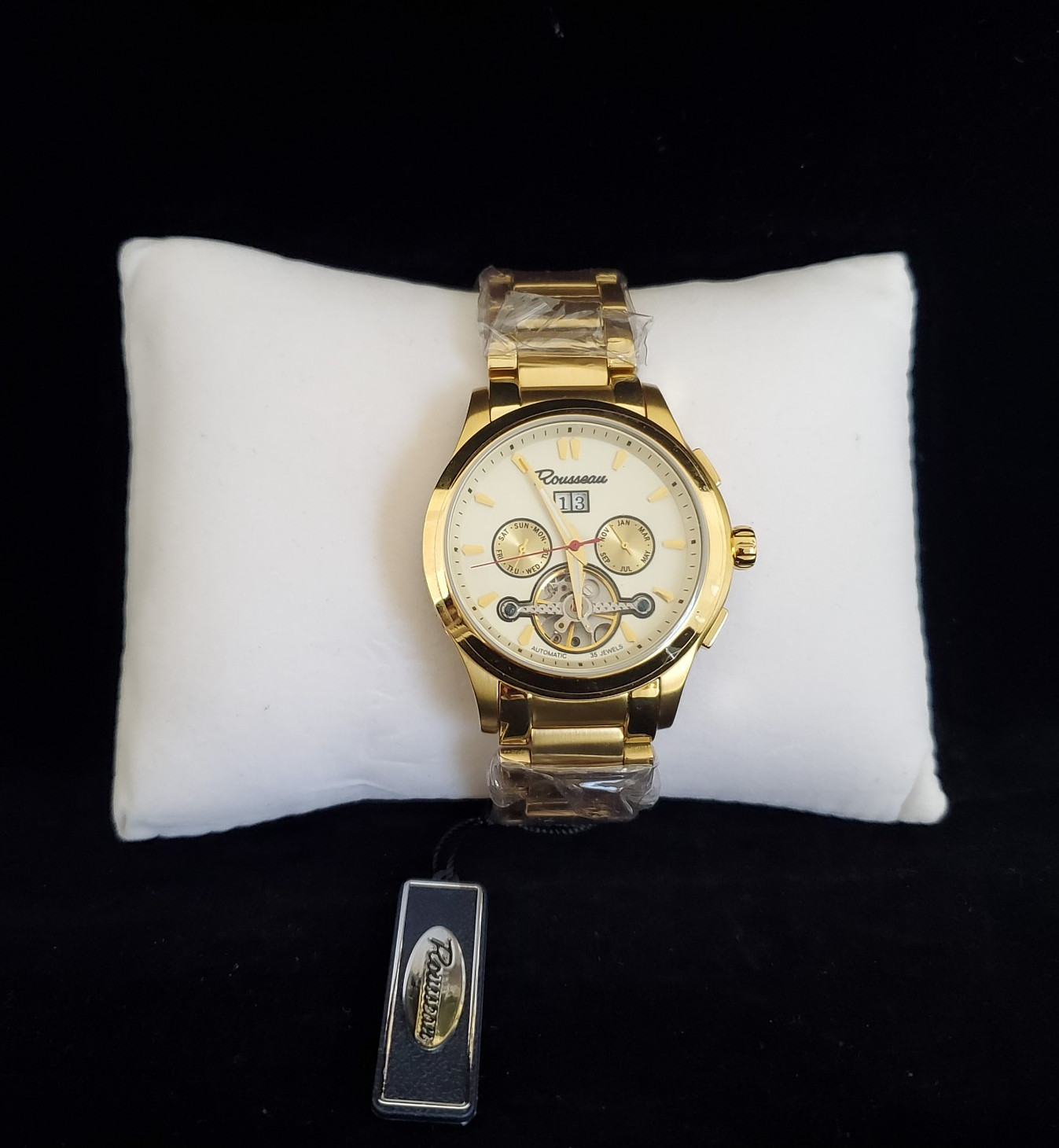ROUSSEAU STAINLESS STEEL AUTOMATIC 35 JEWELS R219-255 DATE GOLDTONE WATCH