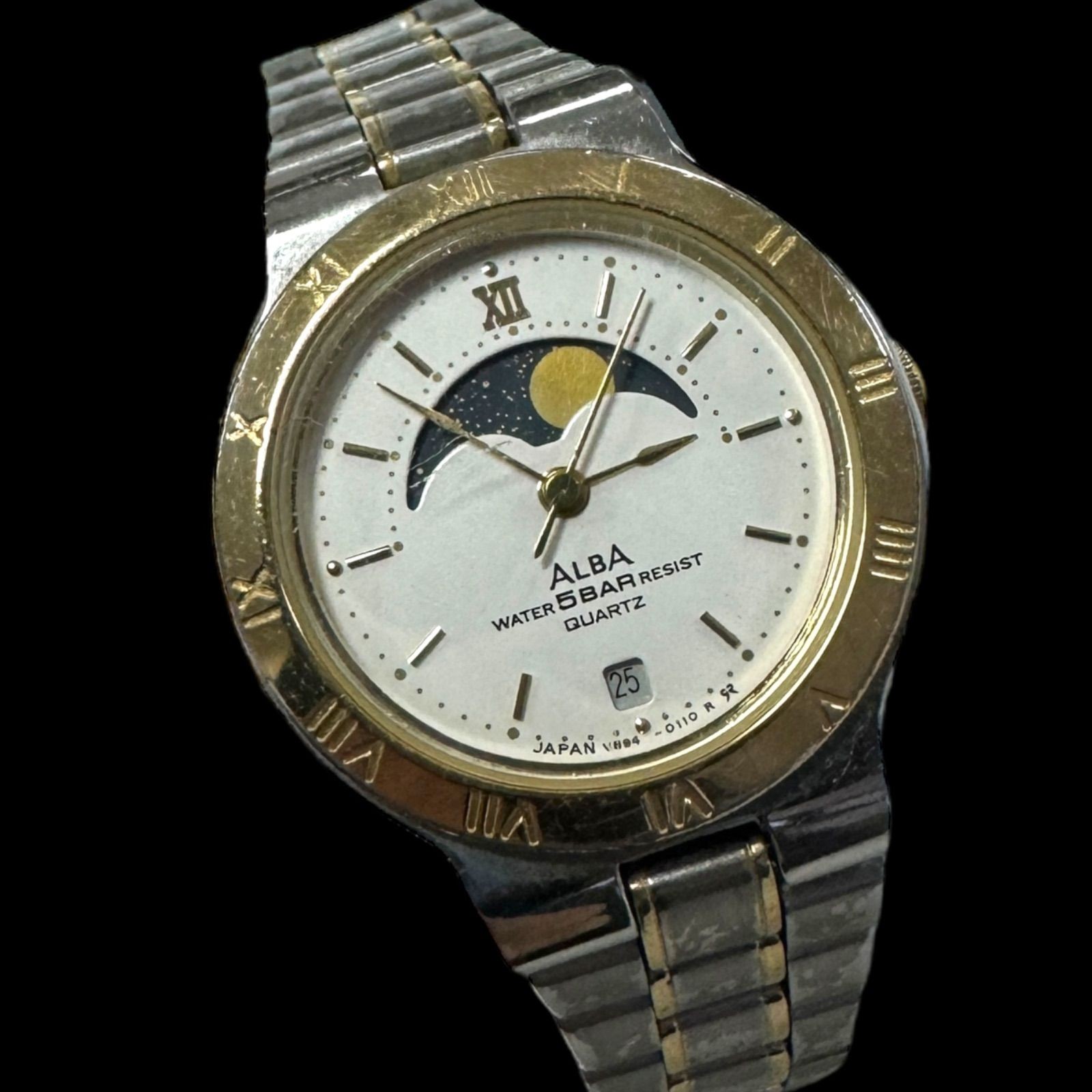 Working Beautiful SEIKO ALBA Moon Phase Ladies Watch Combination SS Gold Silver