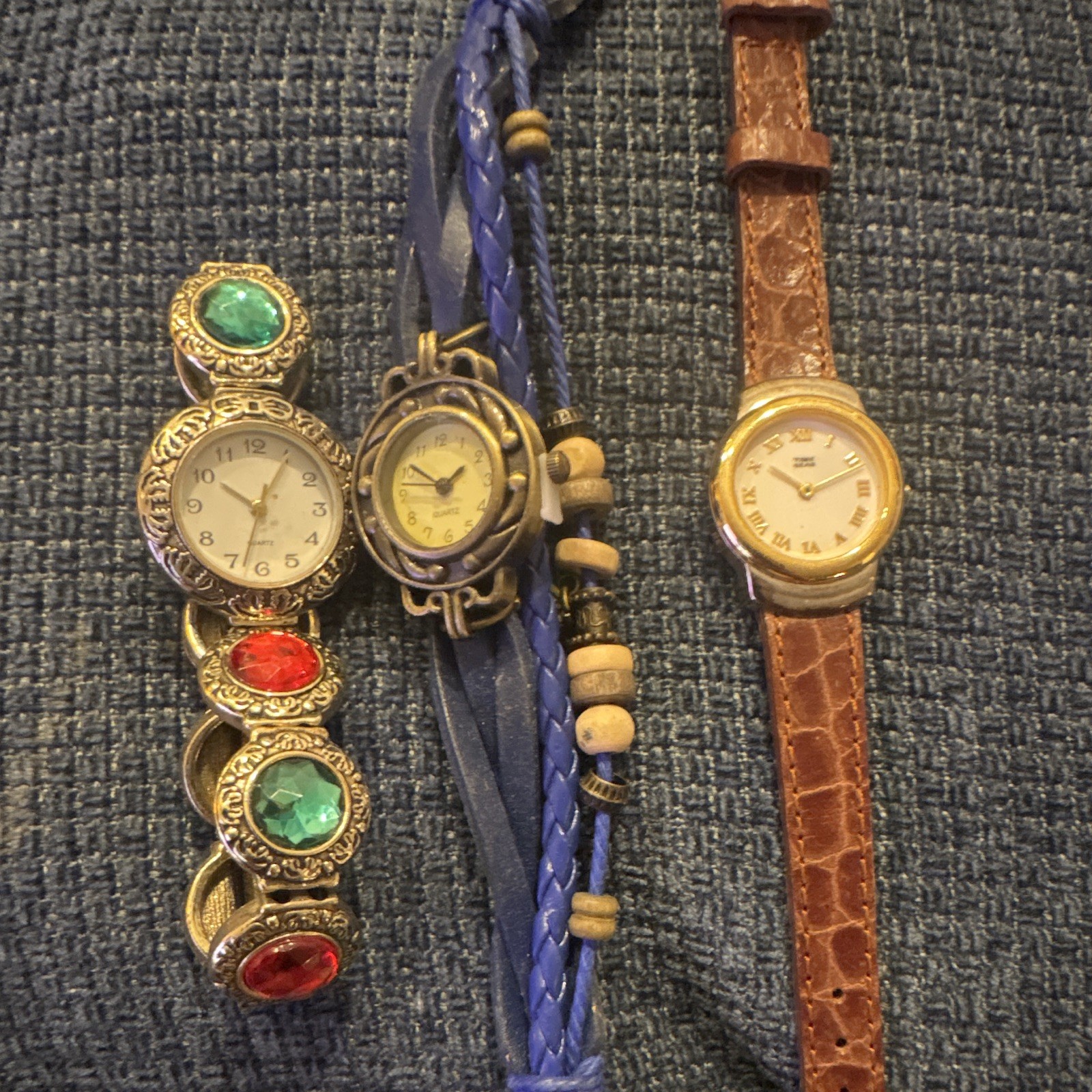 Lot of 3 Women’s Quartz Analog White Dial Gold Case Blue/Brown/Gold Leather