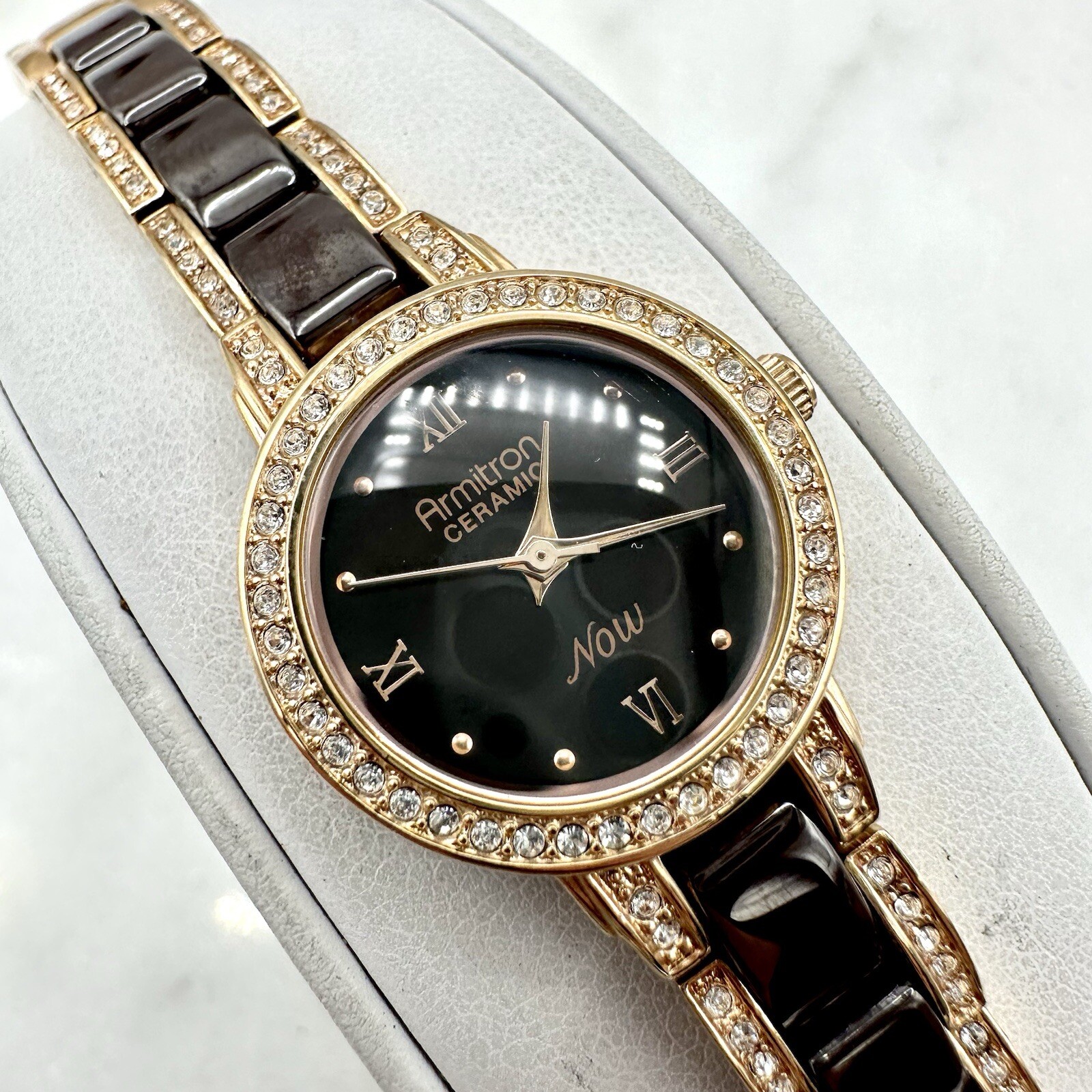 Armitron Women 75/3919RG Brown Dial Ceramic Pave 24mm Watch, Sz 7.3” New Battery