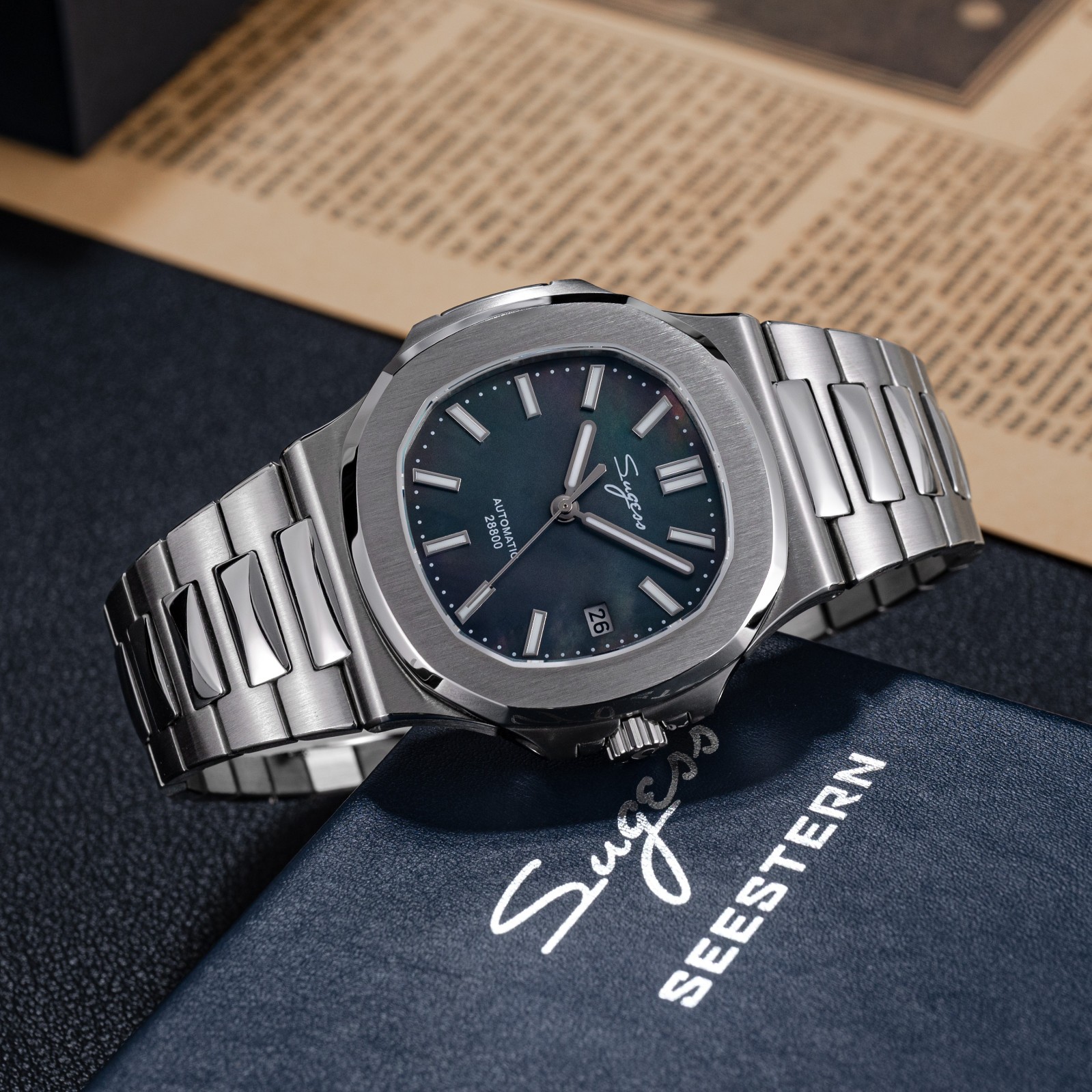 Sugess 40mm Slim Master 9mm thickness MOP Dial Mechanical Mens Watch S466.M