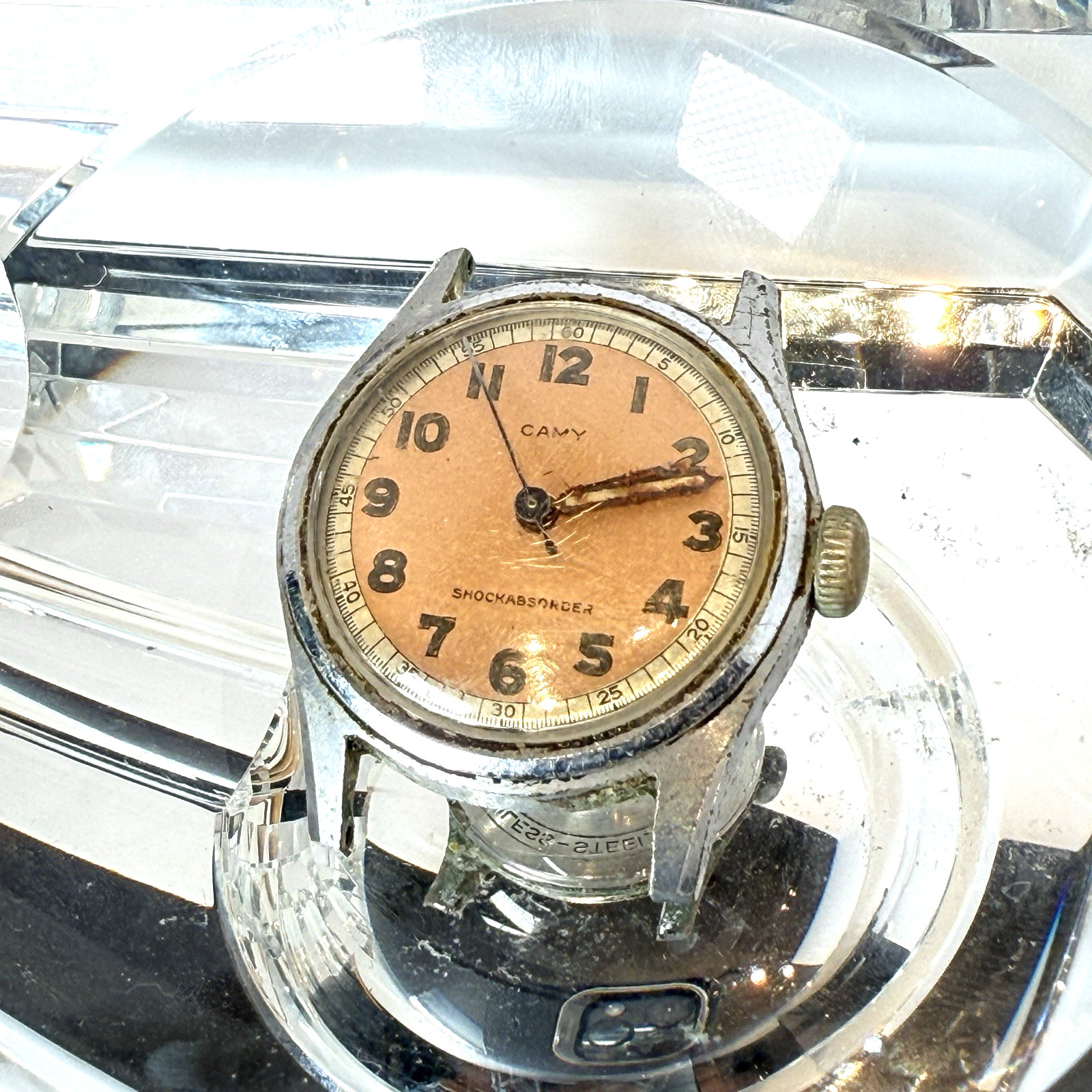 Vintage Camy Two Tone Military Mechanical Wind Up Salmon Watch For Parts Repair