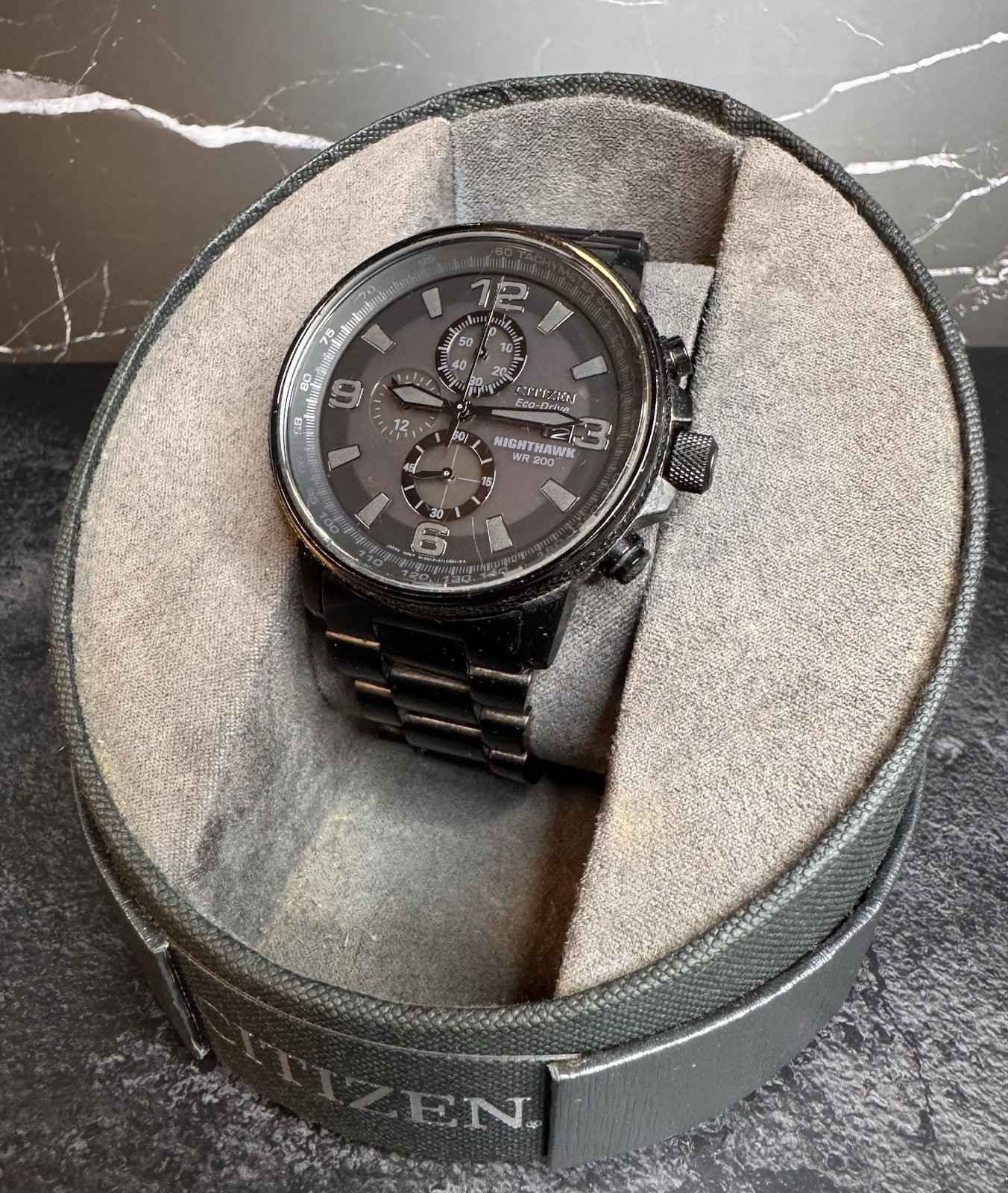 Citizen Eco-Drive Nighthawk Black Ion Chronograph B877 Men’s Watch 200M Tested