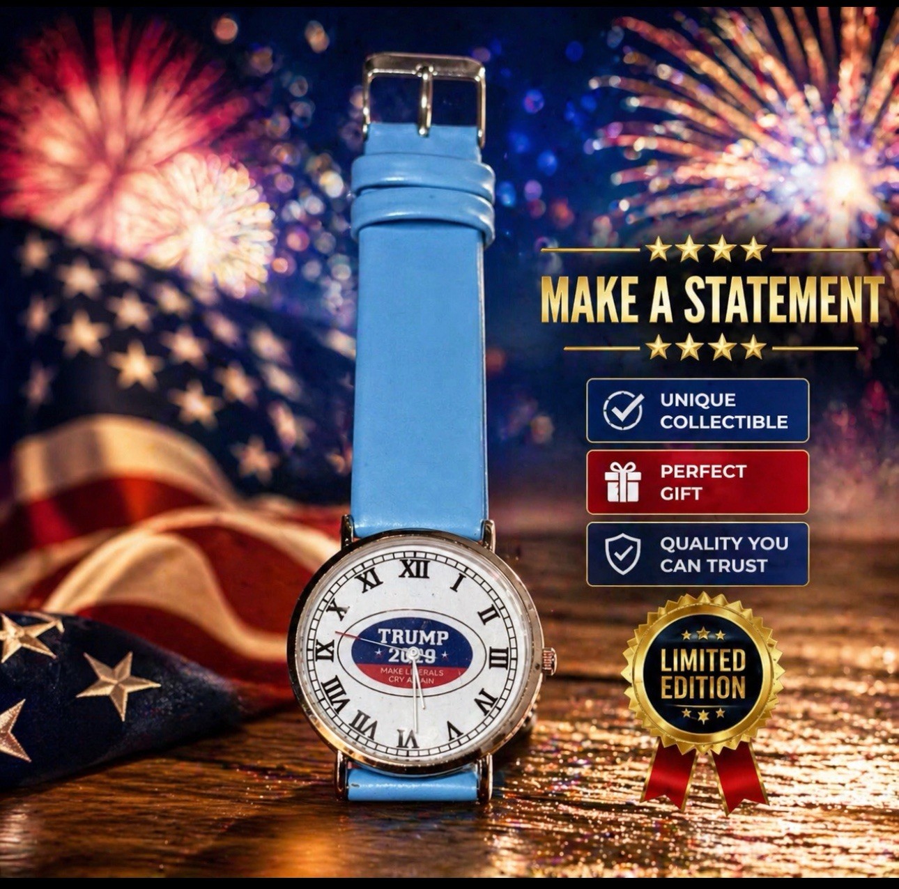 Donald TRUMP 2020 “Keep America Great” Watch White Face Rare blue Band
