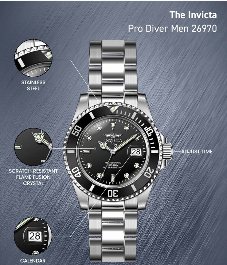 Invicta PRO DIVER Black Dial Silver SS Bracelet Fashion Mens Watch 40mm