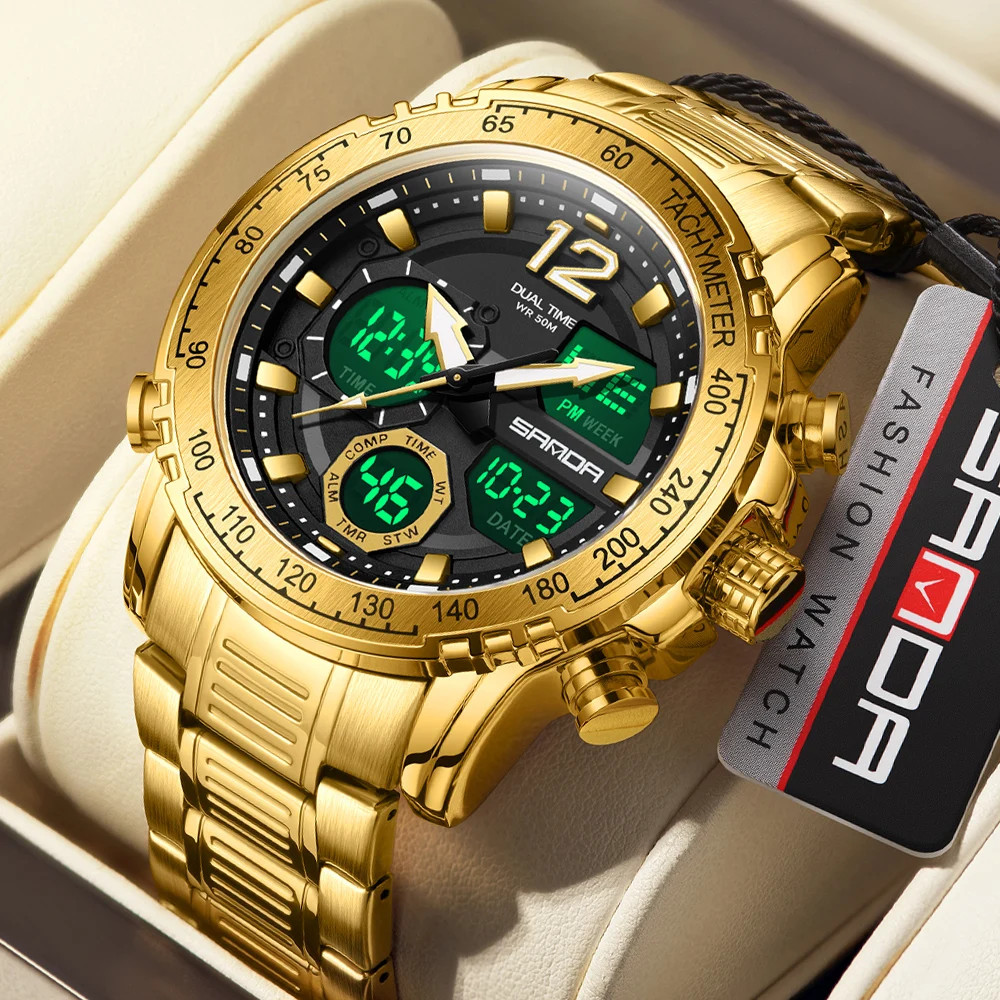 Men’s Chronograph Quartz Watch Digital Analog Steel Sport Watch