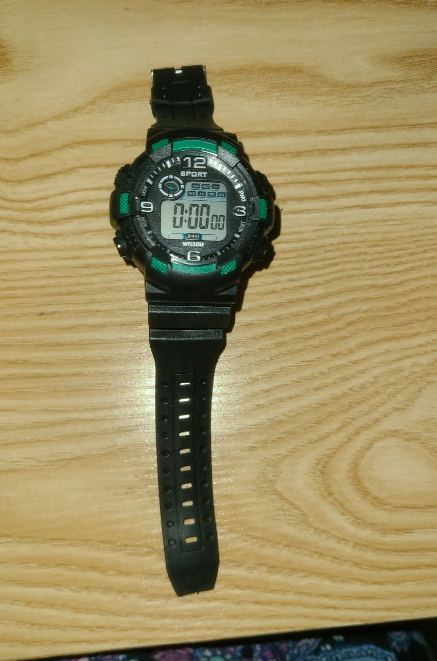 Sport Digital Quartz Wristwatch 30m Black/Green Resin Alarm Date Backlight