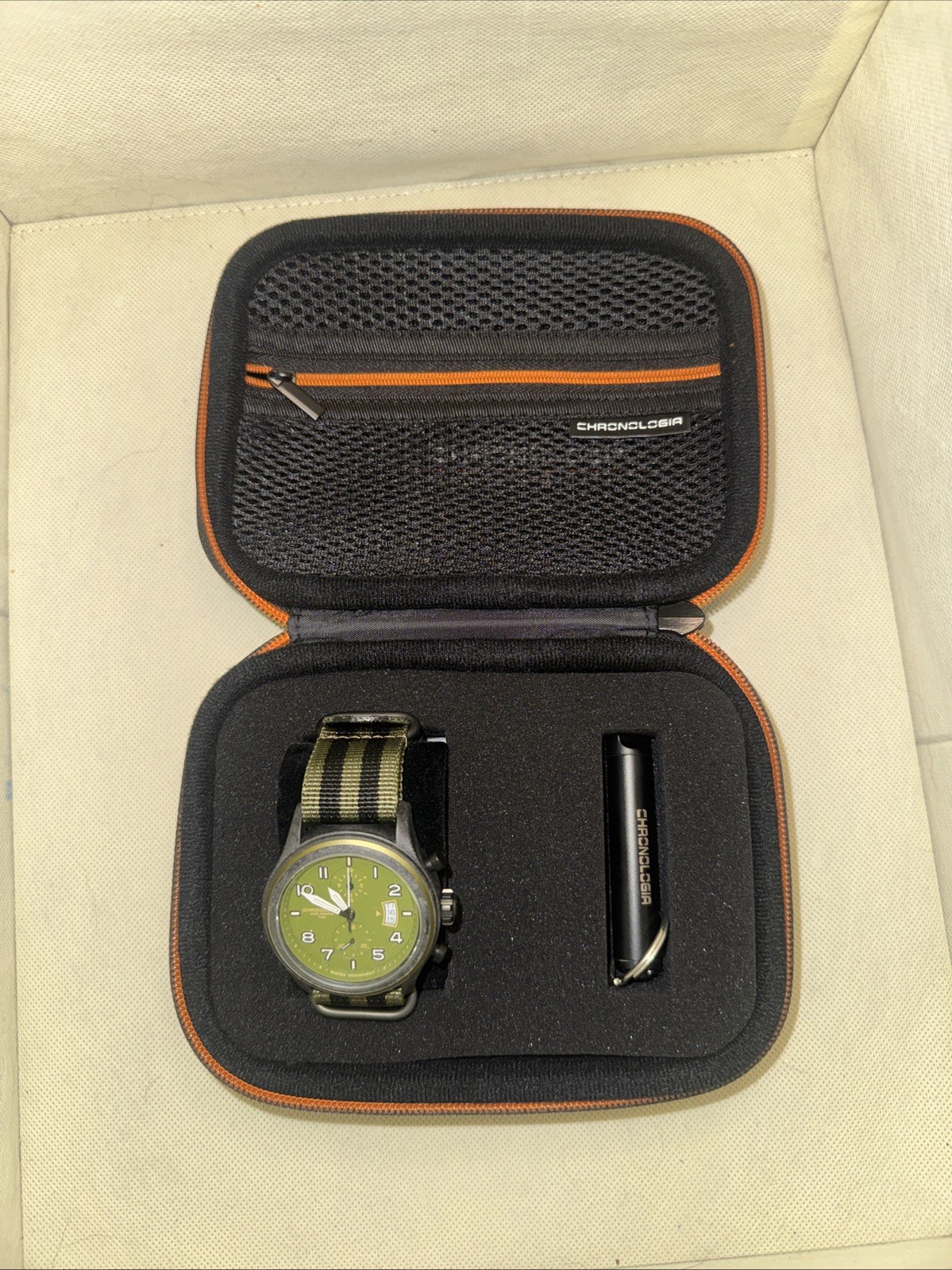 Chronologia Carbon Fiber Pilot Ranger Chronograph Green Dial Watch Complete Set