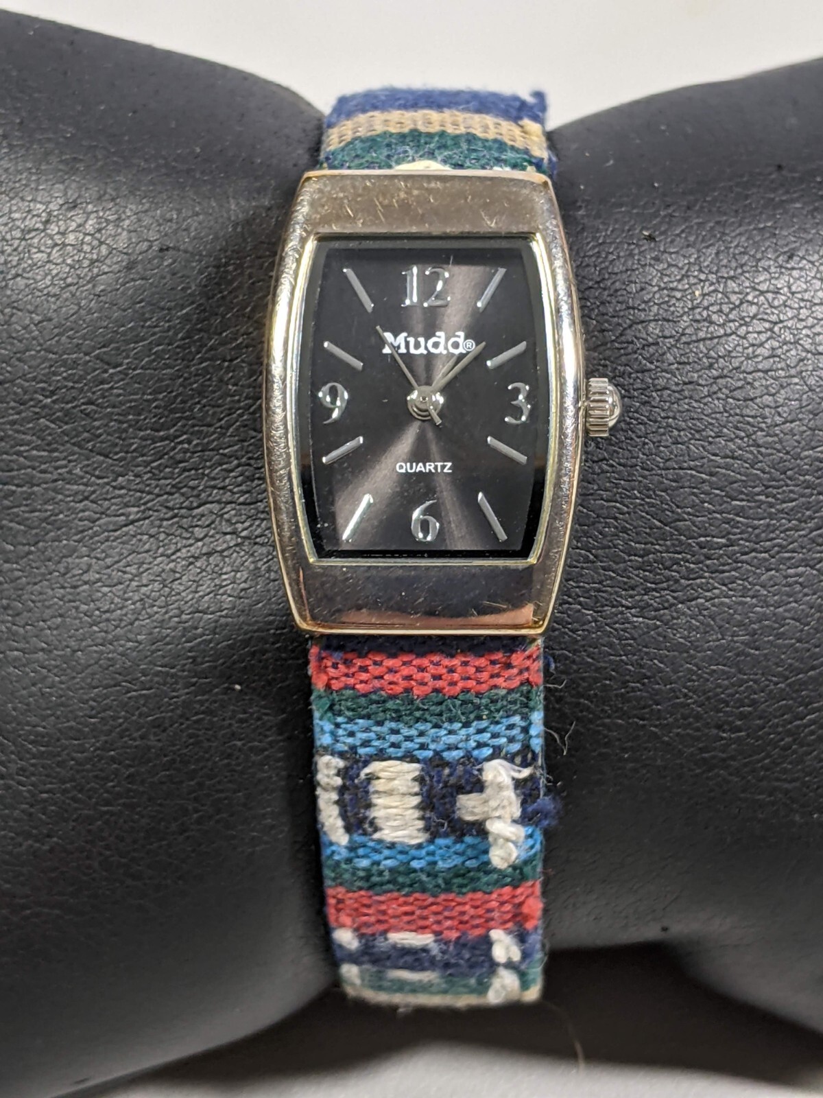 Mudd Black Dial Silver Tone Rectangle Case Multicolor Plaid Canvas Band Watch
