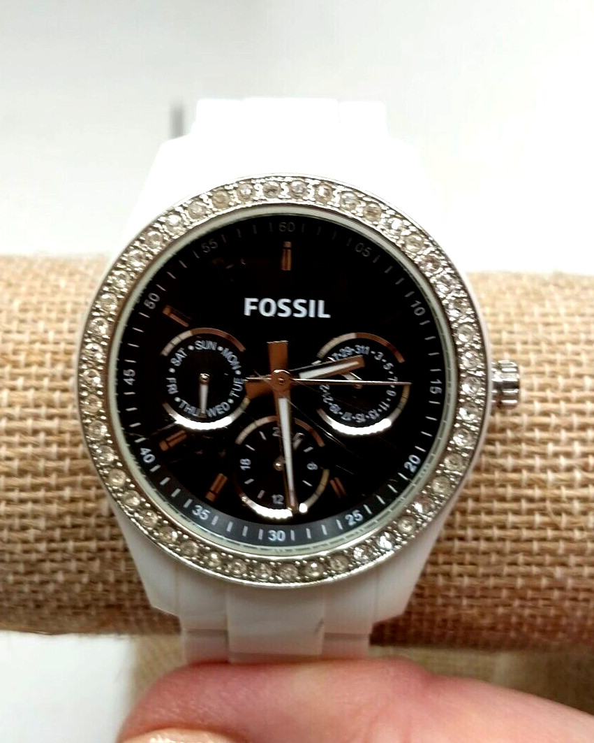 Fossil Stella Black Dial Chronograph 6.75″ White Bracelet Wrist Watch Works