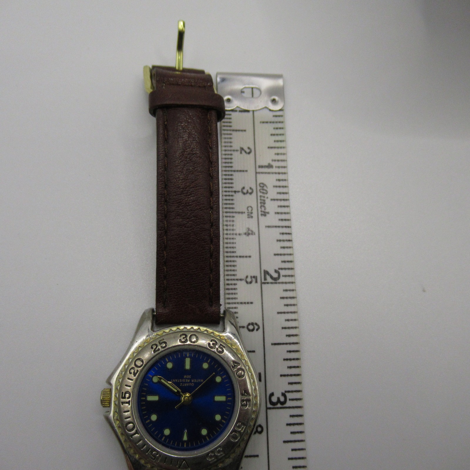 Quartz Diver Style Watch Blue Dial Brown Leather Band Water Resistant 30M