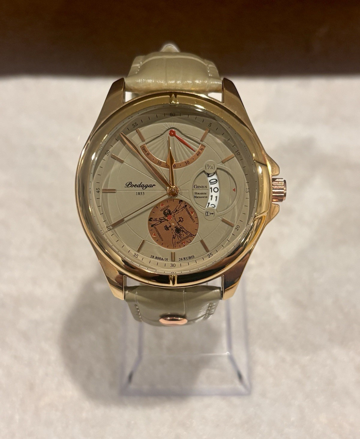 Poedagar Genius Quartz Analog Date Beige Dial Leather Strap Gold Case