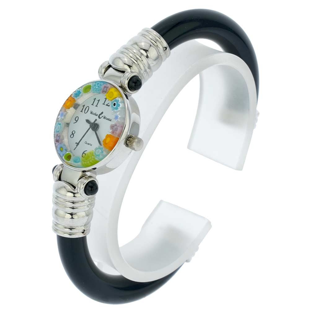 GlassOfVenice Murano Glass Millefiori Bangle Watch – Silver Black Multicolor