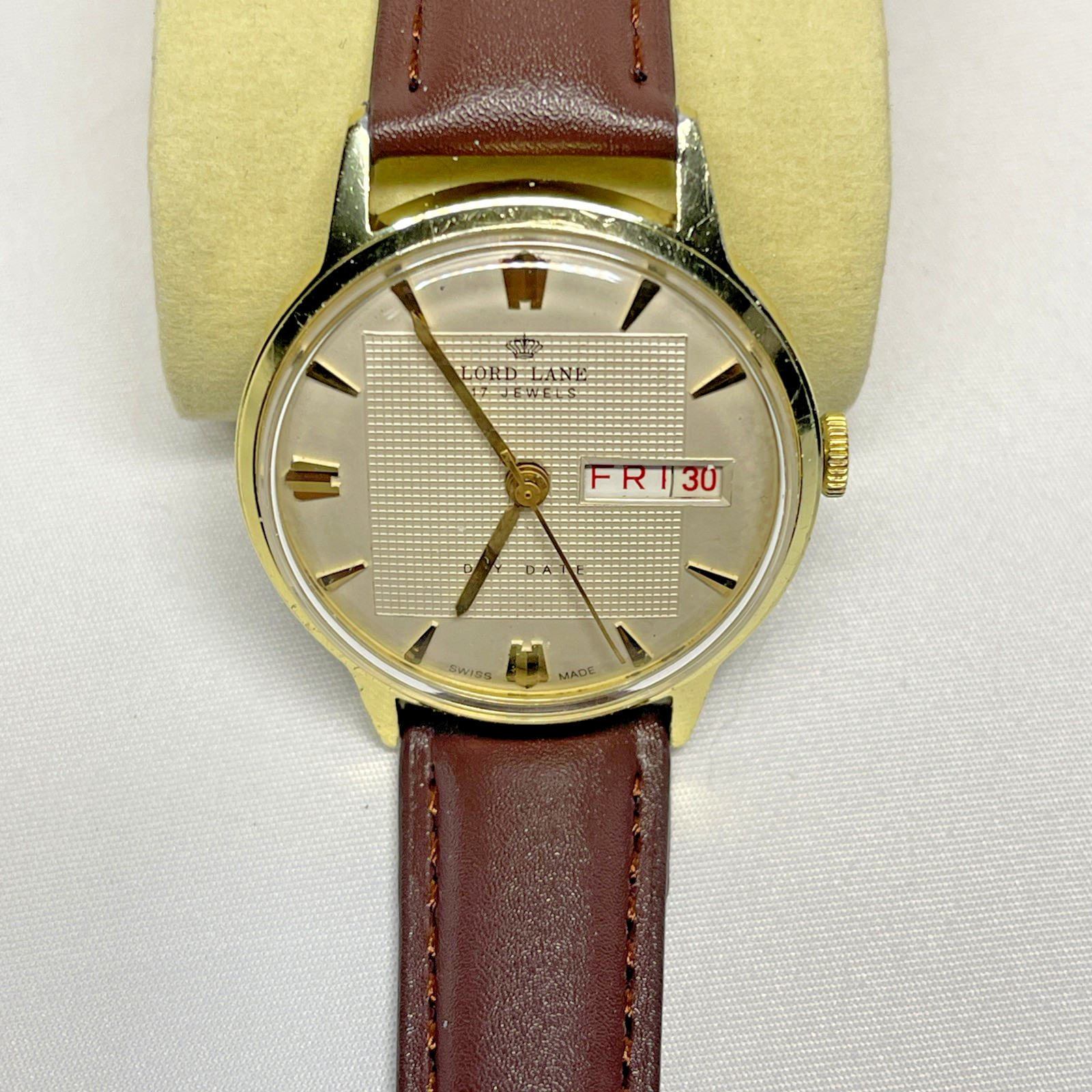 Lord Lane 17 Jewel Day Date Swiss Mechanical Mens Watch 1960s NEW crystal & band