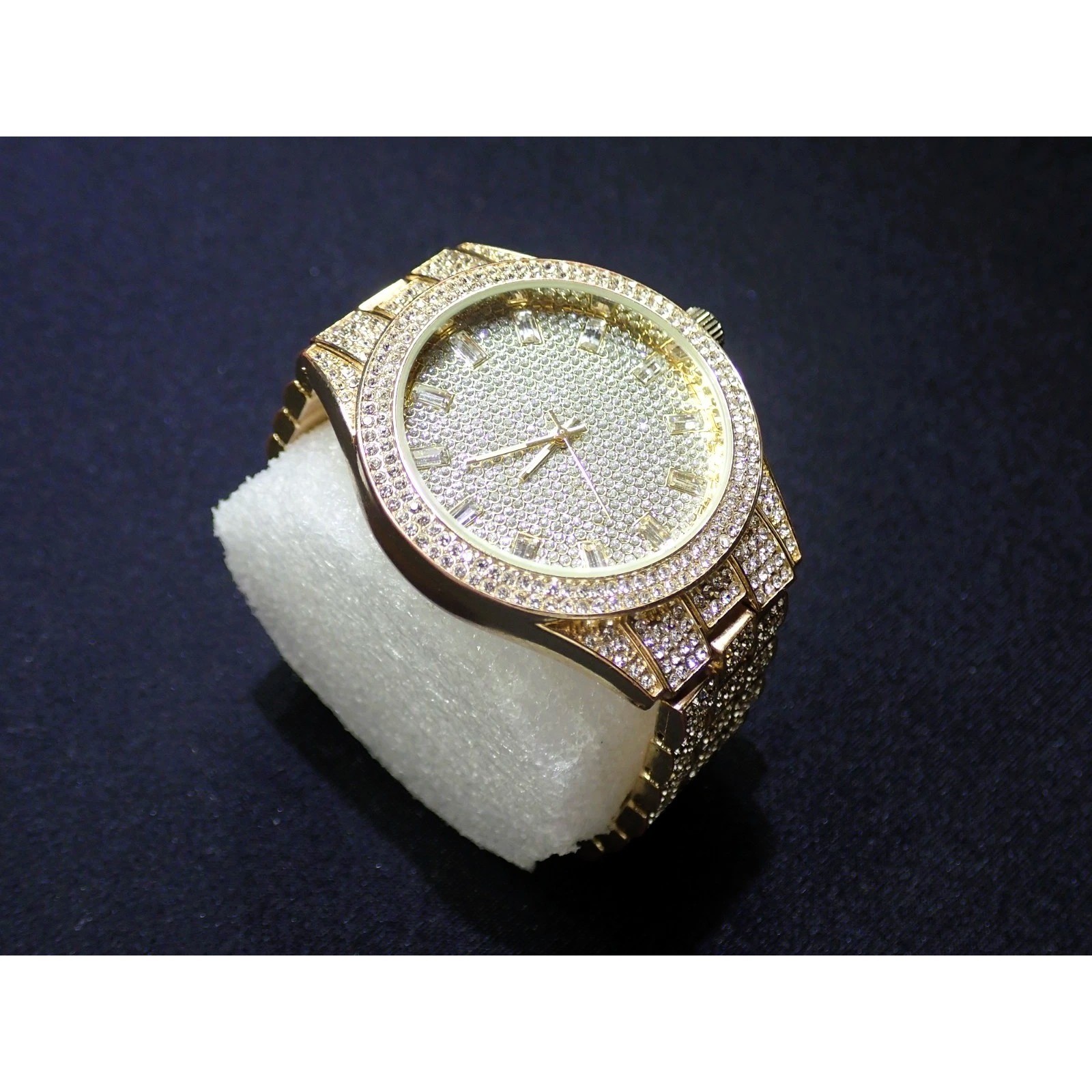 Ice Star Iced Out Gold Tone Watch Lab Diamond Crystal Accents New Battery 43mm