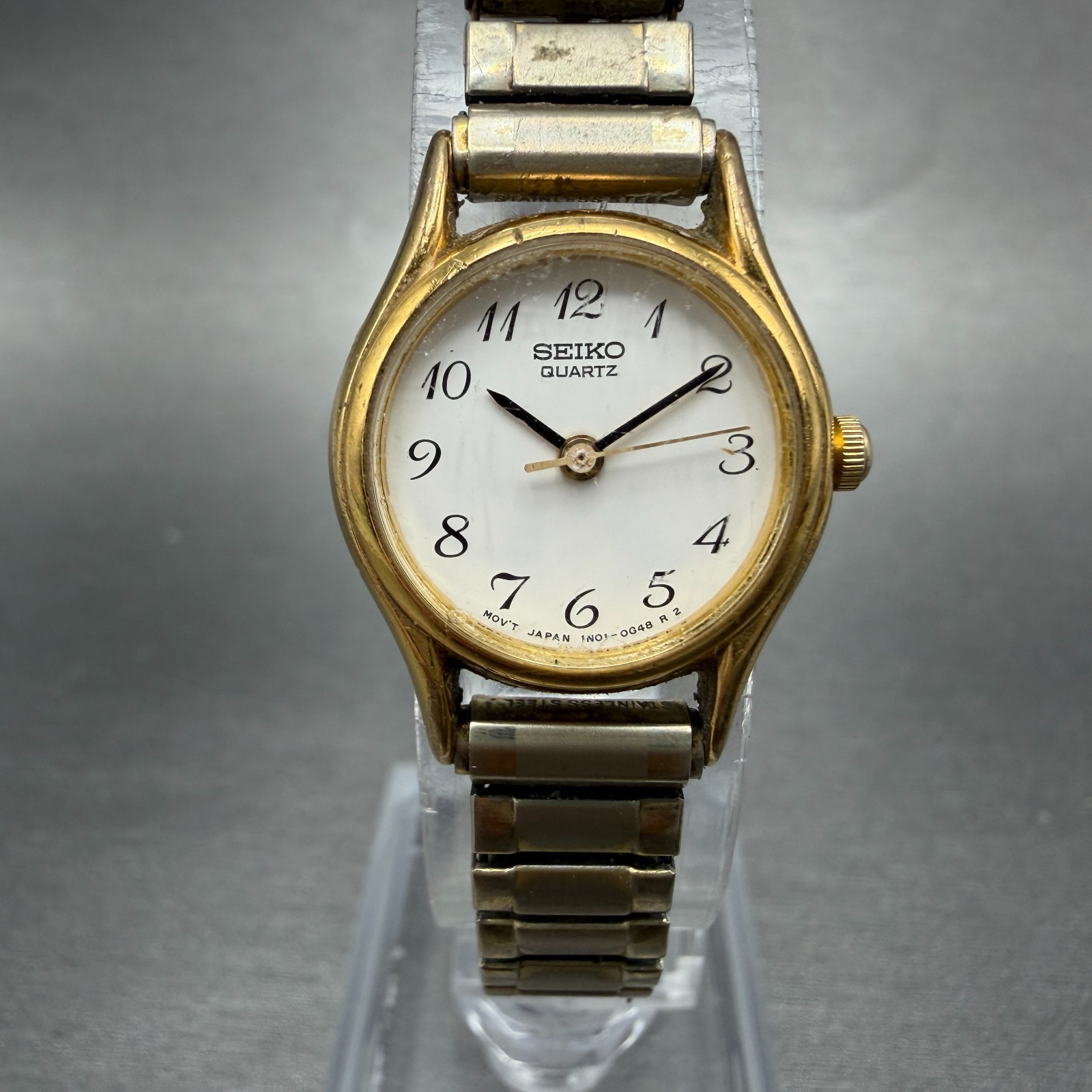 Seiko Watch Women 20mm White Dial Gold Tone Round 1N01-0E19 New Battery VTG