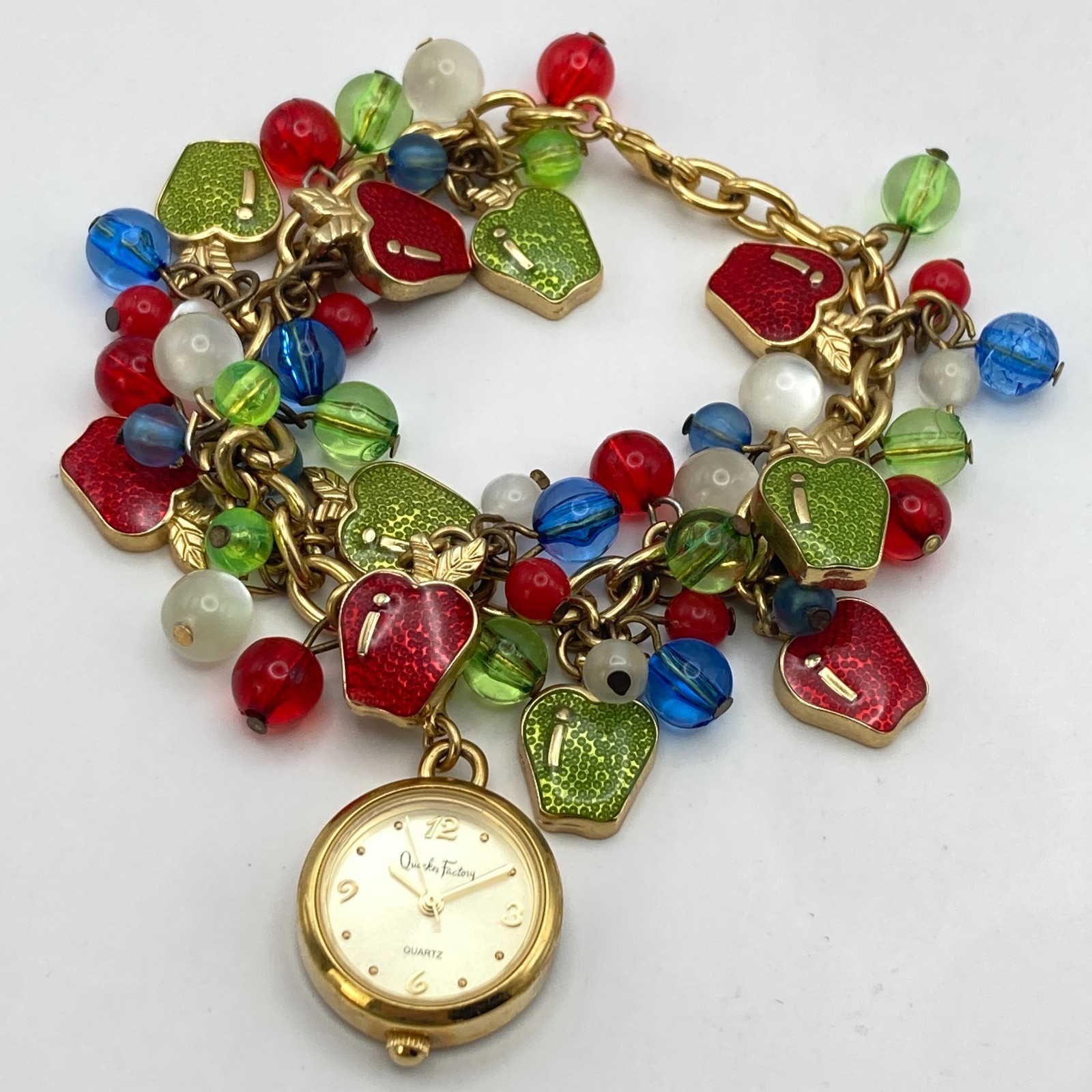 Quacker Factory Women’s Charm Bracelet Watch Gold Tone Teacher New Battery 7.25″