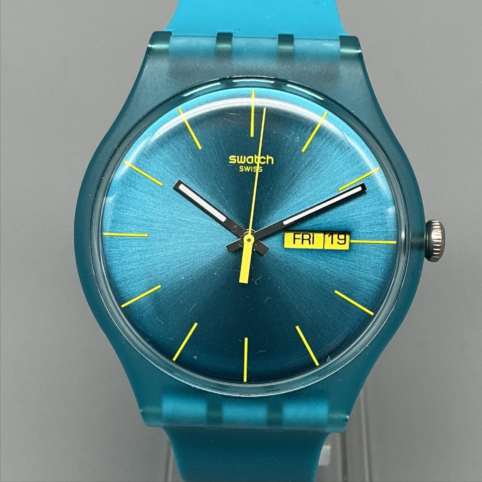 Swatch Mens Watch 41mm Blue Dial Blue Silicone Day Date Swiss Quartz In Box