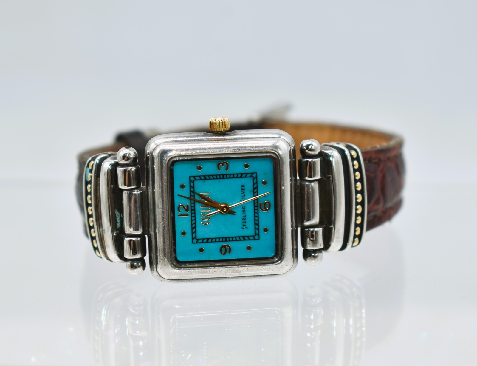 ECCLISSI Sterling Silver Turquoise Face Brown Leather Strap Wristwatch