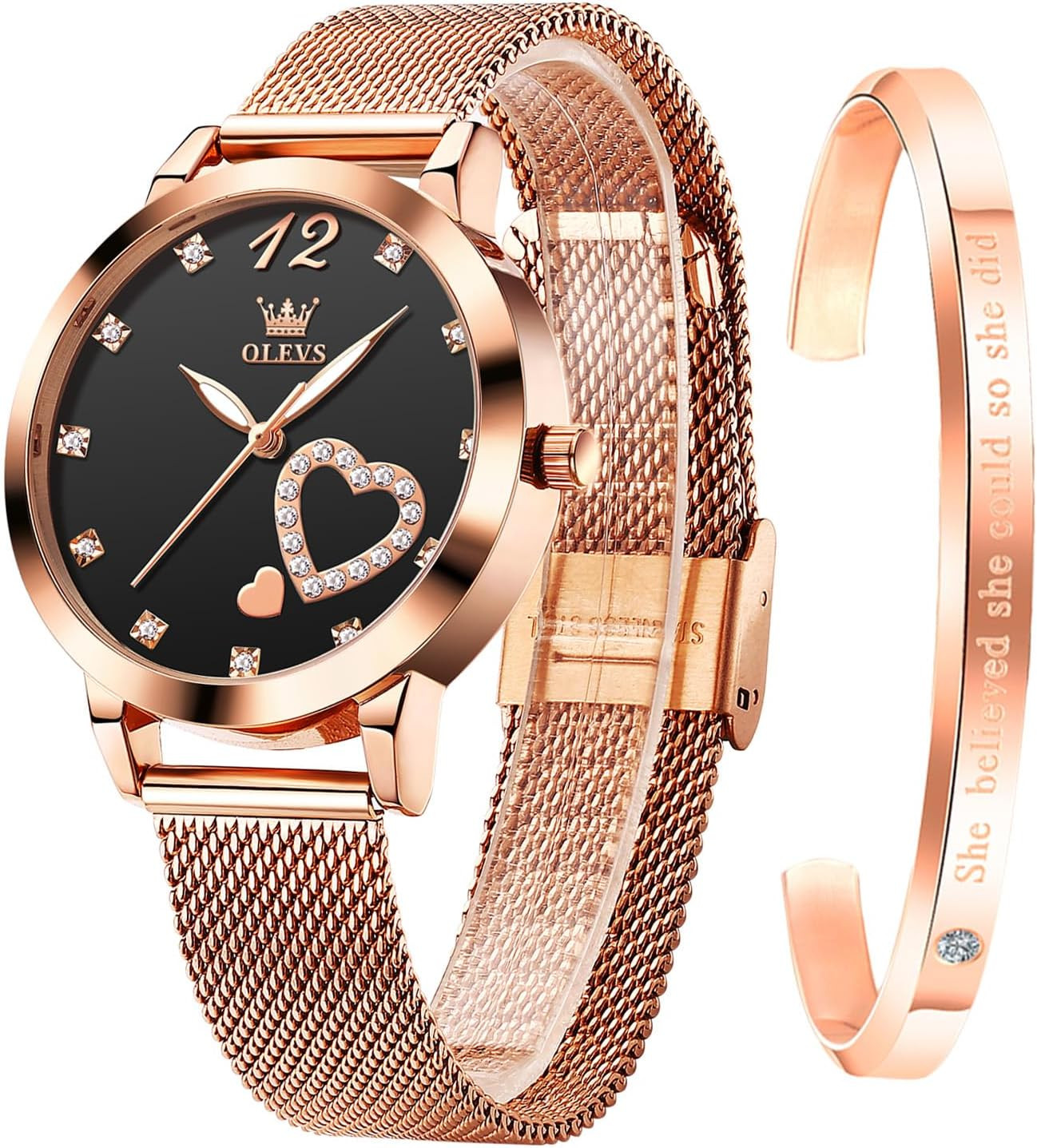 Reloj de oro rosa para mujer con correa de malla y diseño moderno.