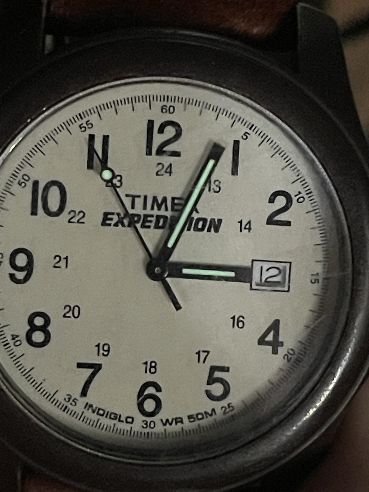 Timex Expedition Camper Edition Watch Date Indiglo Brown Nylon Leather Strap