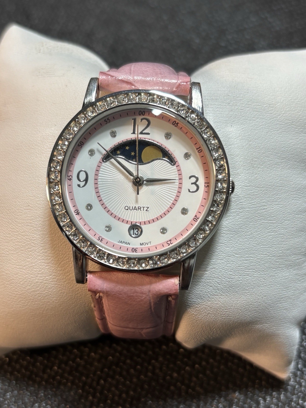 Women’s Sun & Moon Quartz Watch Silver Tone,Gemmed Bezel,Date,New Battery