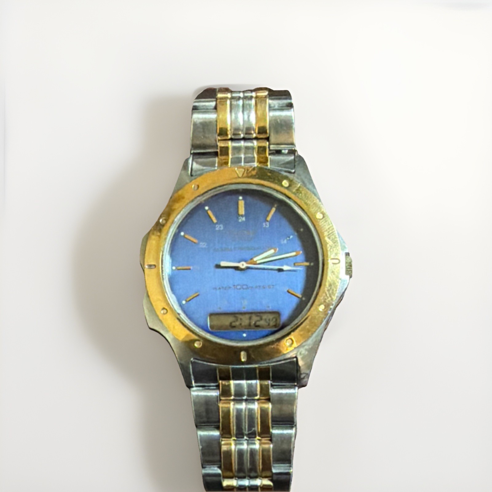 Pulsar Quartz Analog-Digital Alarm Chronograph 100m Blue Dial Two-Tone Bracelet