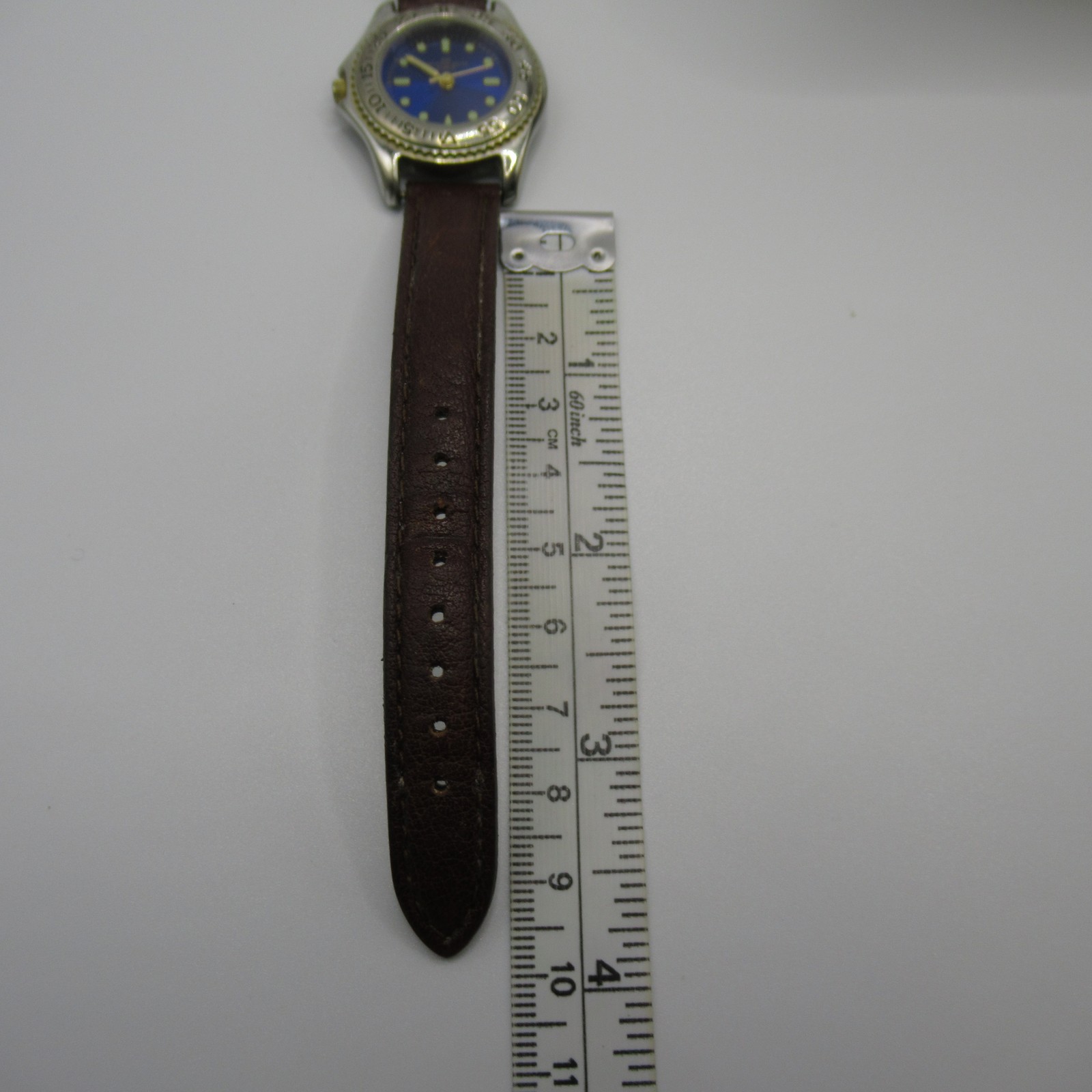 Quartz Diver Style Watch Blue Dial Brown Leather Band Water Resistant 30M