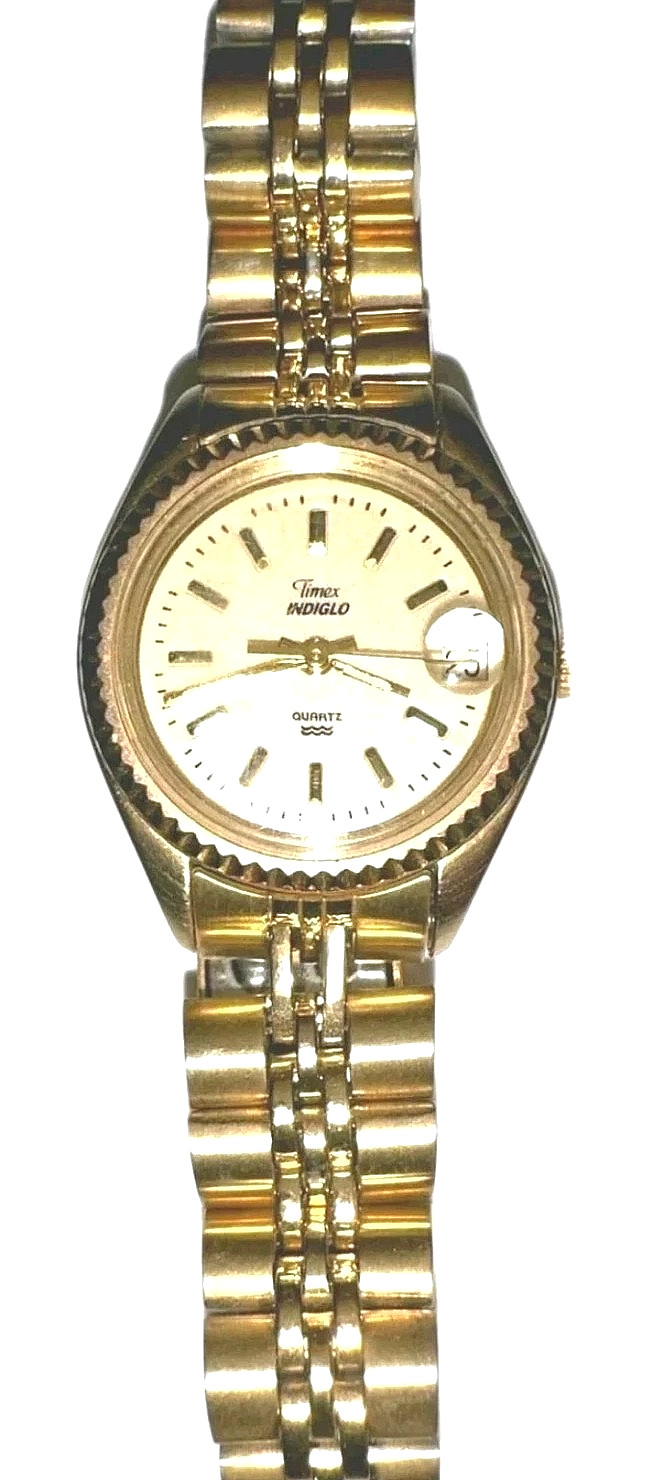 Vintage Women’s Timex Gold Indiglo Watch Analog Date Window Quartz Steel Round