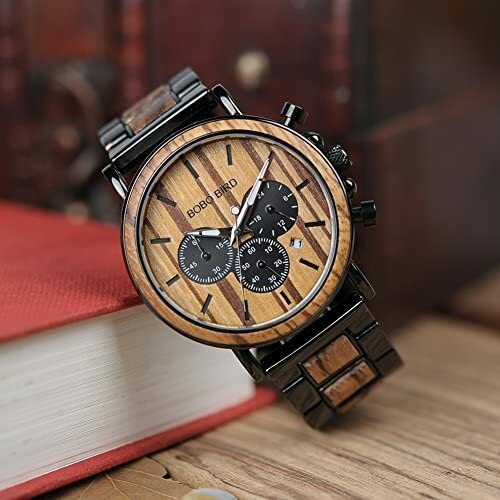 Wooden Mens Gifts Wrist Watches Wood Stainless Steel Chronograph Military Quartz