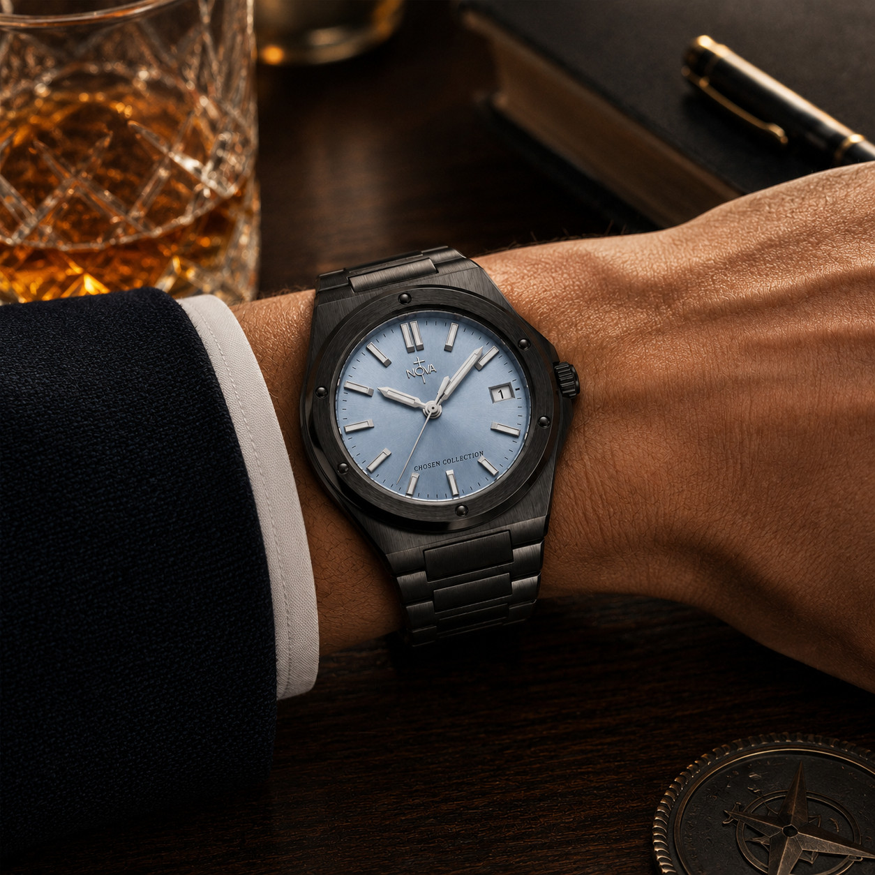 Nova Christian Chosen Custom Watch Light Blue Dial Black Tone Bracelet Date