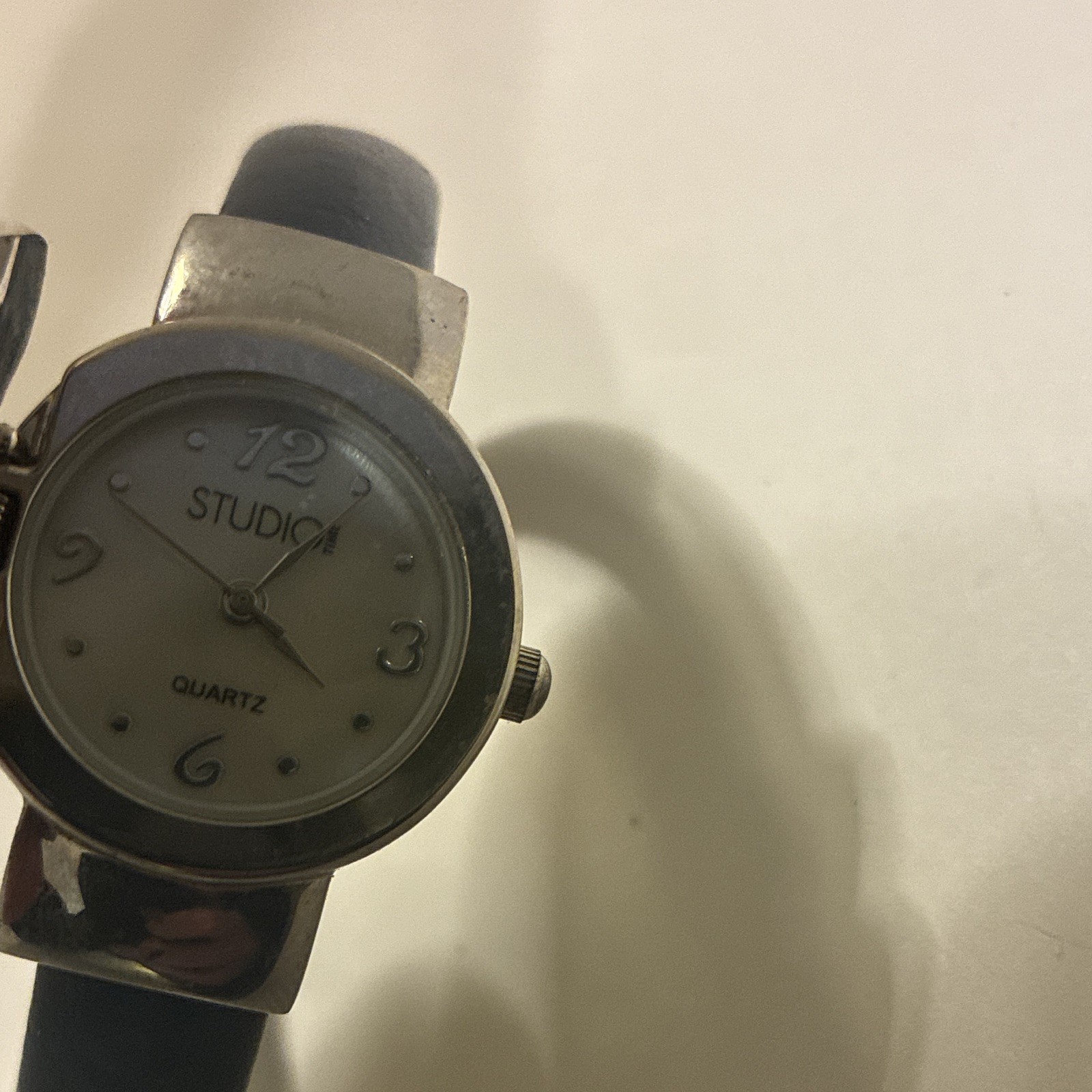 Studio Time Women’s Quartz Analog Watch Silver Dial Black Leather Bangle