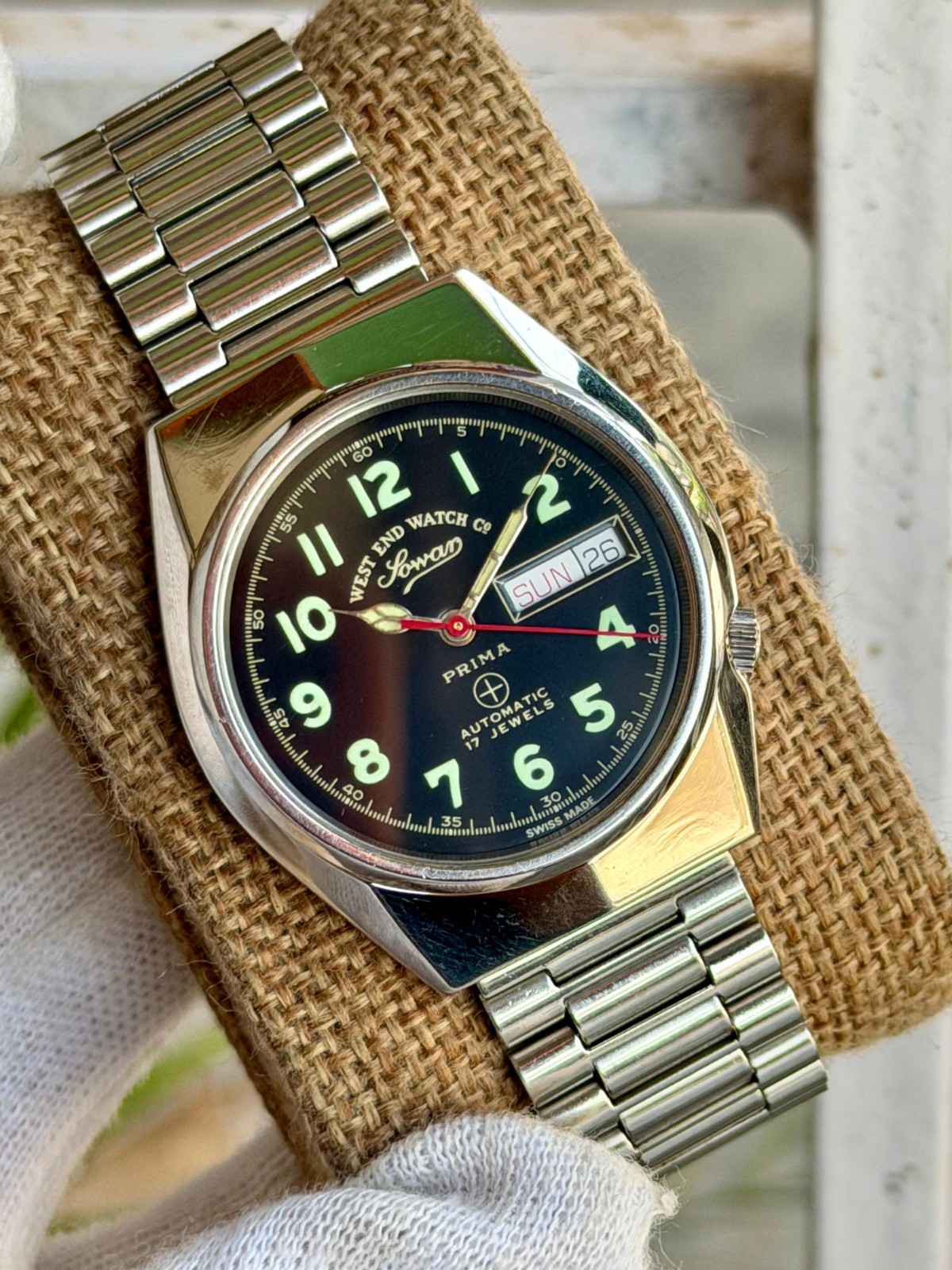 Vintage West End Watch Co Sowar Prima Automatic 17 Jewels Swiss Day Date Watch