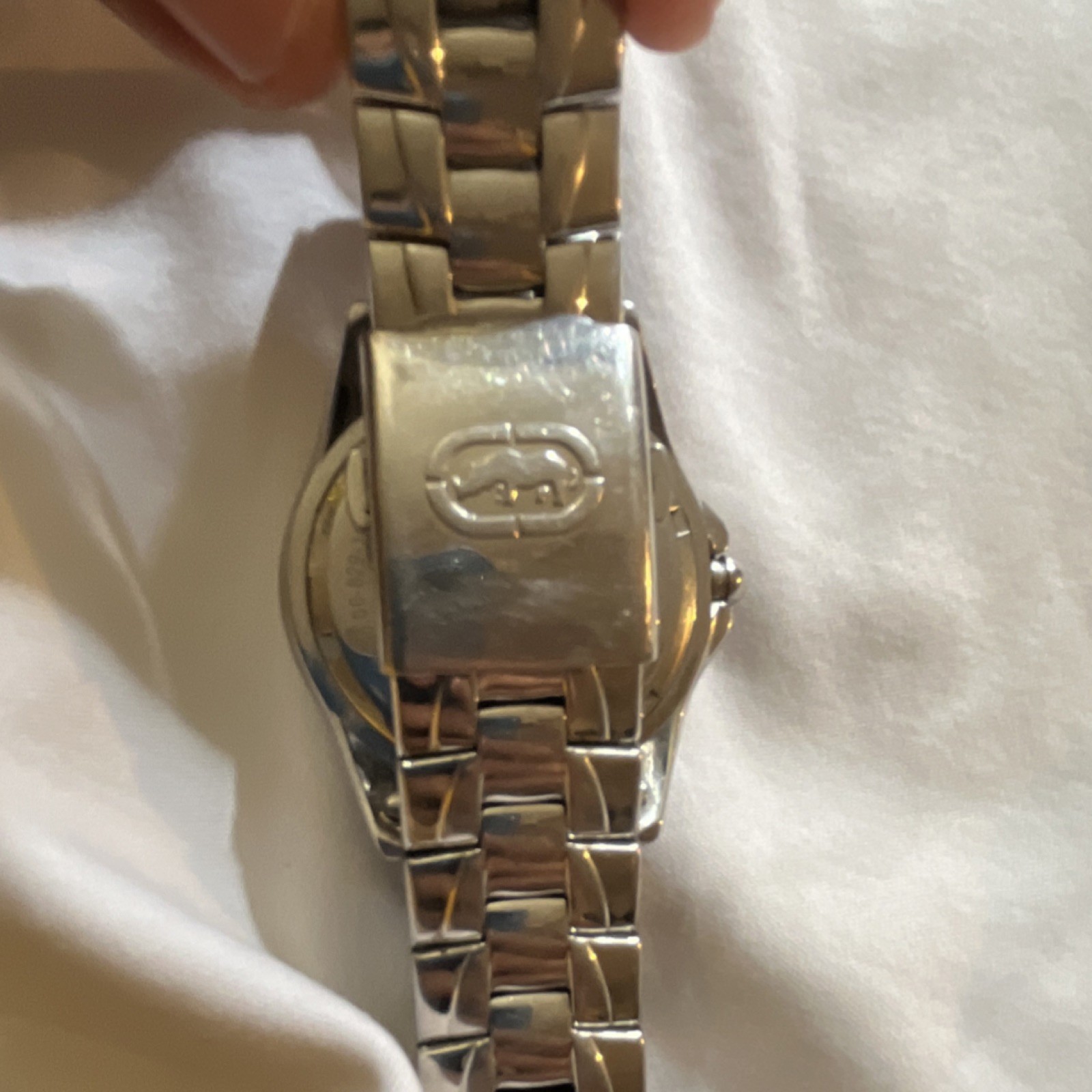 Echo Gemmed Silver Metal Analog Wristwatch Black Dial Bracelet Baton Indexes