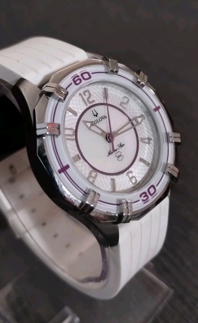 Bulova Marine Star Quartz Watch White/Silver w/ Purple Accents *SEE DESCRIPTION*